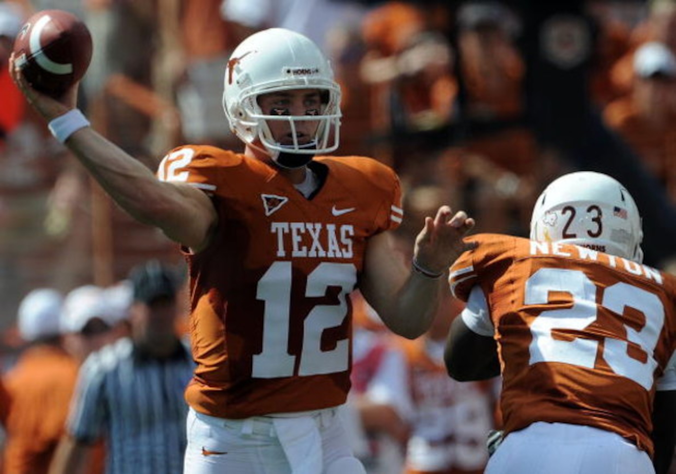AUSTIN, TX - SEPTEMBER 26: Quarterback Colt McCoy #12 of the Texas Longhorns at Darrell K Royal-Texas Memorial Stadium on September 26, 2009 in Austin, Texas. (Photo by Ronald Martinez/Getty Images) AUSTIN, TX - SEPTEMBER 26: Quarterback Colt McCoy #12 of the Texas Longhorns at Darrell K Royal-Texas Memorial Stadium on September 26, 2009 in Austin, Texas. (Photo by Ronald Martinez/Getty Images)