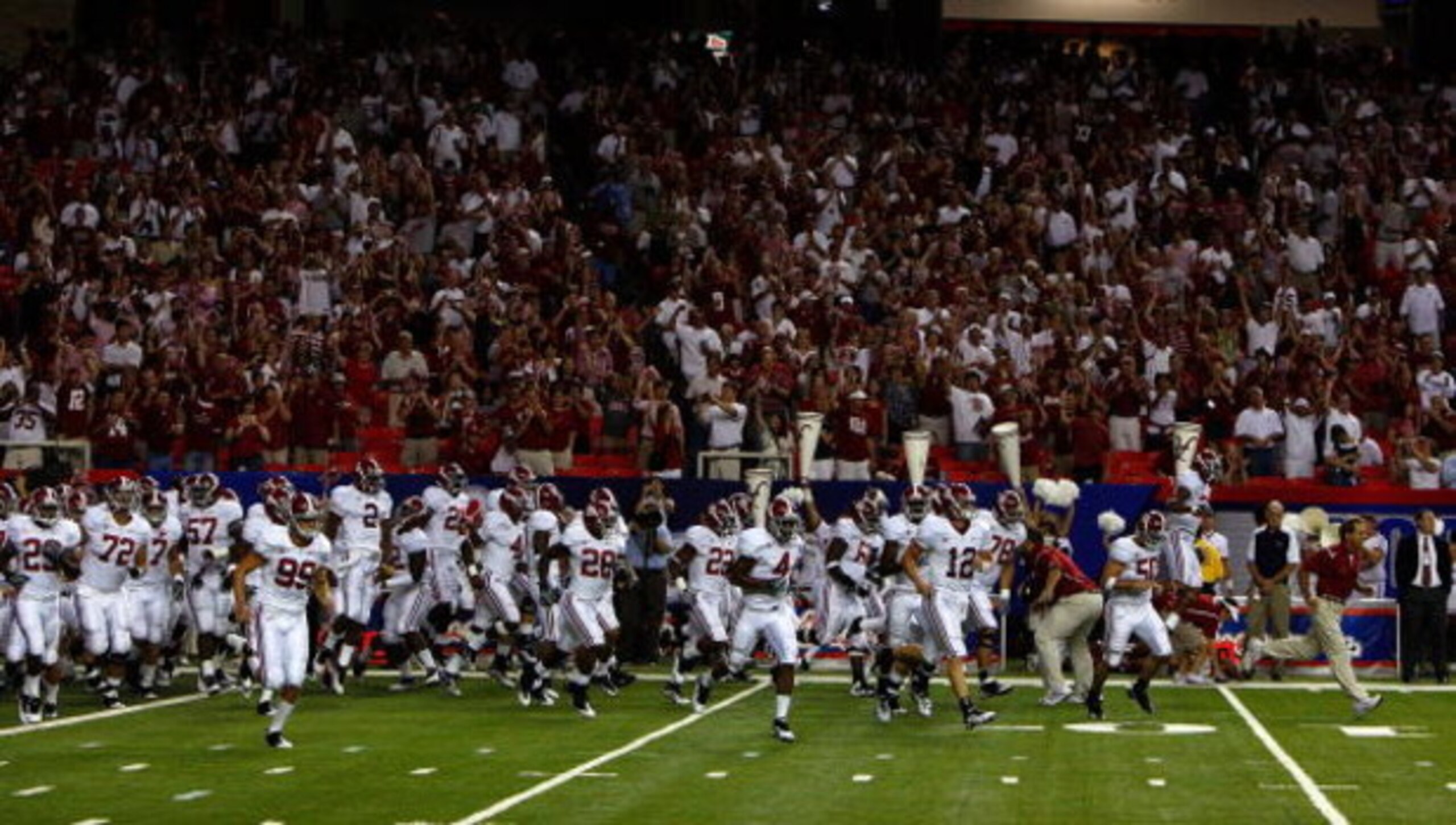 ATLANTA - SEPTEMBER 05: Head coach Nick Saban (R) of the Alabama Crimson Tide leads his team on the field to face the Virginia Tech Hokies during the Chick-fil-A Kickoff Game at Georgia Dome on September 5, 2009 in Atlanta, Georgia. (Photo by Kevin C. C ATLANTA - SEPTEMBER 05: Head coach Nick Saban (R) of the Alabama Crimson Tide leads his team on the field to face the Virginia Tech Hokies during the Chick-fil-A Kickoff Game at Georgia Dome on September 5, 2009 in Atlanta, Georgia. (Photo by Kevin C. C