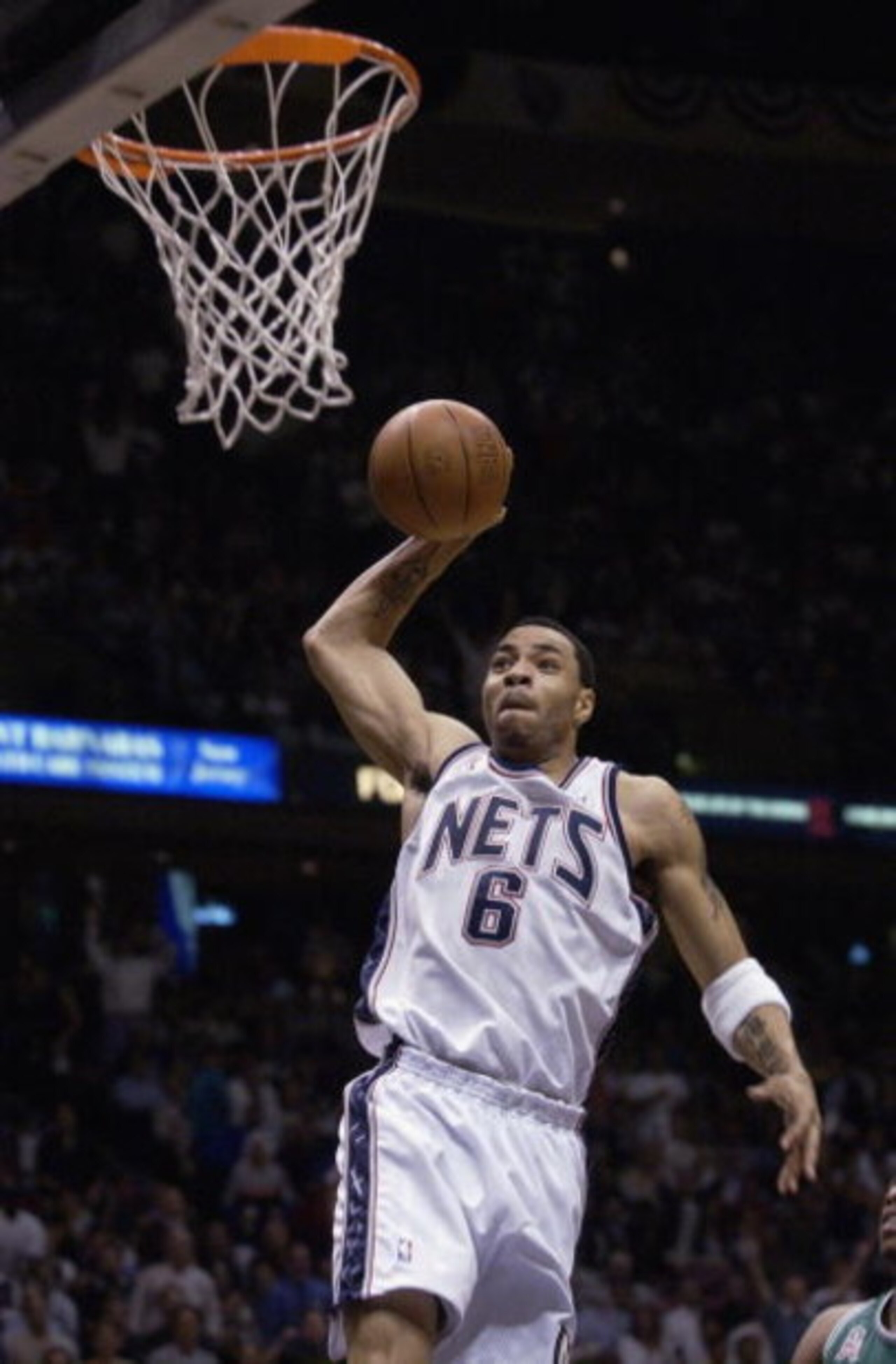 14 Jan 2002:  Forward Kenyon Martin #6 of the New Jersey Nets celebrates during the NBA game against the San Antonio Spurs at the Continental Airlines Arena in East Rutherford, New Jersey.  The Nets defeated the Spurs 99-97.  Mandatory Credit:  Jamie Squi