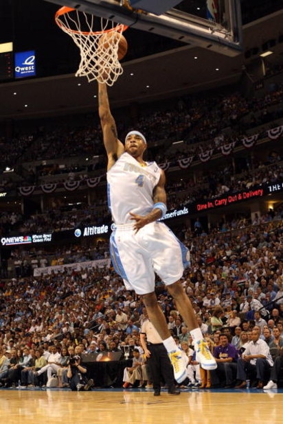 DENVER - MAY 29:  Kenyon Martin #4 of the Denver Nuggets goes up for a dunk in Game Six of the Western Conference Finals during the 2009 NBA Playoffs against the Los Angeles Lakers at Pepsi Center on May 29, 2009 in Denver, Colorado. NOTE TO USER: User ex