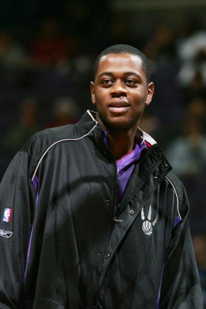 WASHINGTON DC - NOVEMBER 23:  Jerome Moiso #6 of the Toronto Raptors looks on before playing against the Washington Wizards during NBA action on November 23, 2004 at the MCI Center in Washington D.C.  The Wizards won 102-86. NOTE TO USER:  User expressly 