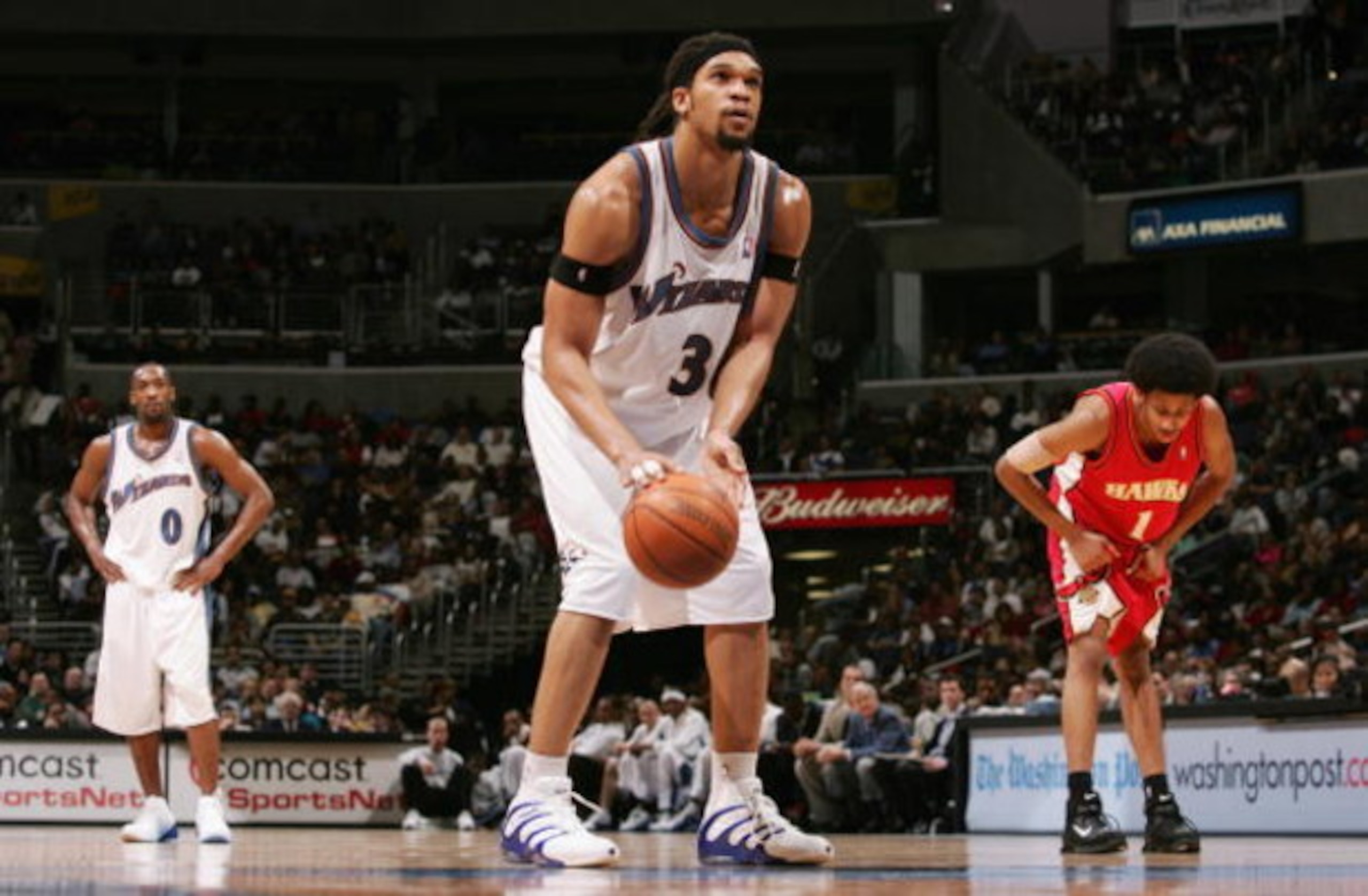WASHINGTON - MARCH 30:  Etan Thomas #36 of the Washington Wizards sets up for the free throw during the NBA game against the Atlanta Hawks on March 30, 2005 at the MCI Center in Washington, D.C.  The Wizards won 102-99. NOTE TO USER:  User expressly ackno