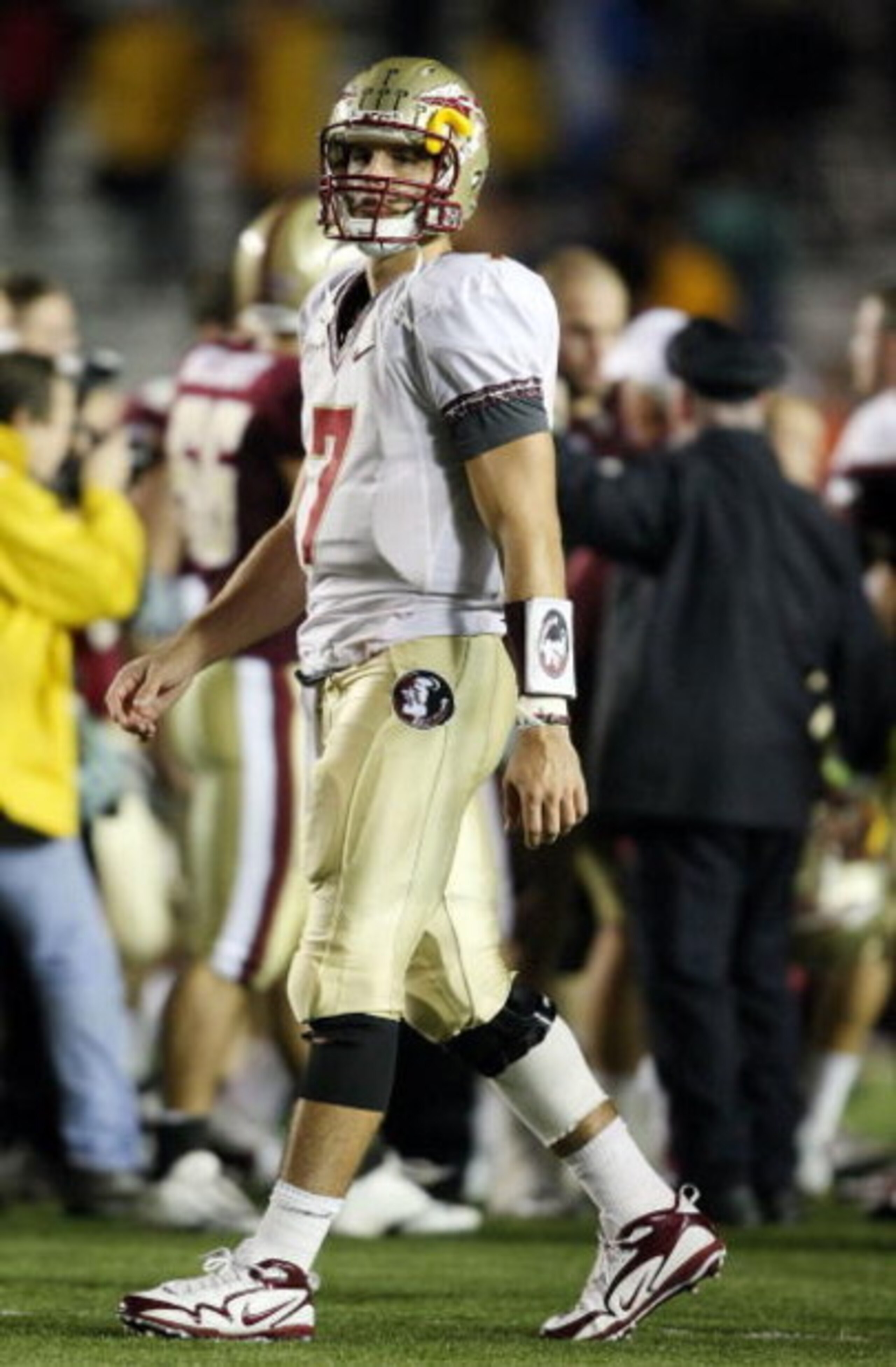 CHESTNUT HILL, MA - OCTOBER 03:  Christian Ponder #7 of the Florida State Seminoles walks off the field as the Boston College Eagles celebrate on October 3, 2009 at Alumni Stadium in Chestnut Hill, Massachusetts. Boston College defeated Florida State 28-2