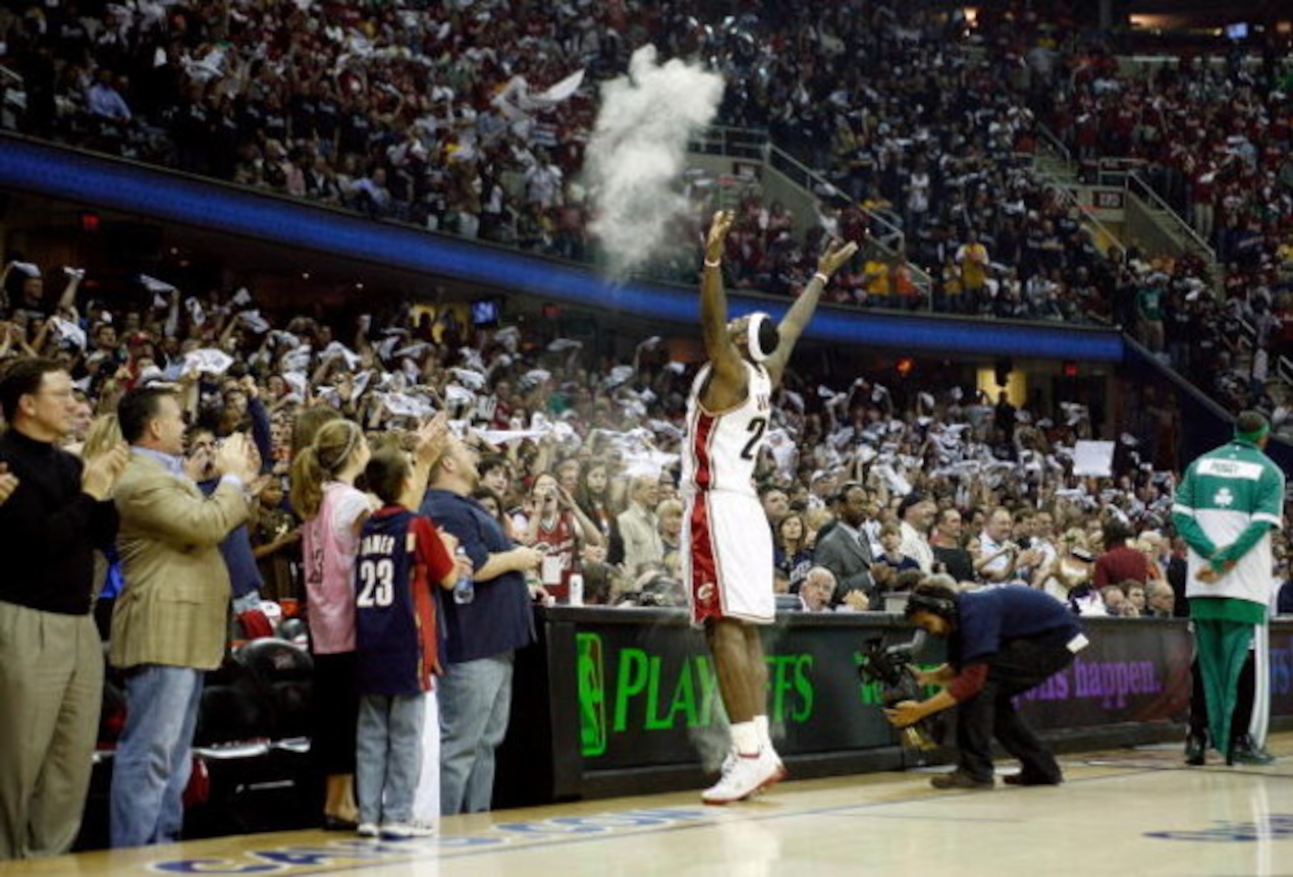 CLEVELAND - MAY 10: LeBron James #23 of the Cleveland Cavaliers does his pregame ritual of applying powder to his hands and tossing it in the air prior to the start of their game against the Boston Celtics in Game Three of the 2008 NBA Eastern Conference CLEVELAND - MAY 10: LeBron James #23 of the Cleveland Cavaliers does his pregame ritual of applying powder to his hands and tossing it in the air prior to the start of their game against the Boston Celtics in Game Three of the 2008 NBA Eastern Conference