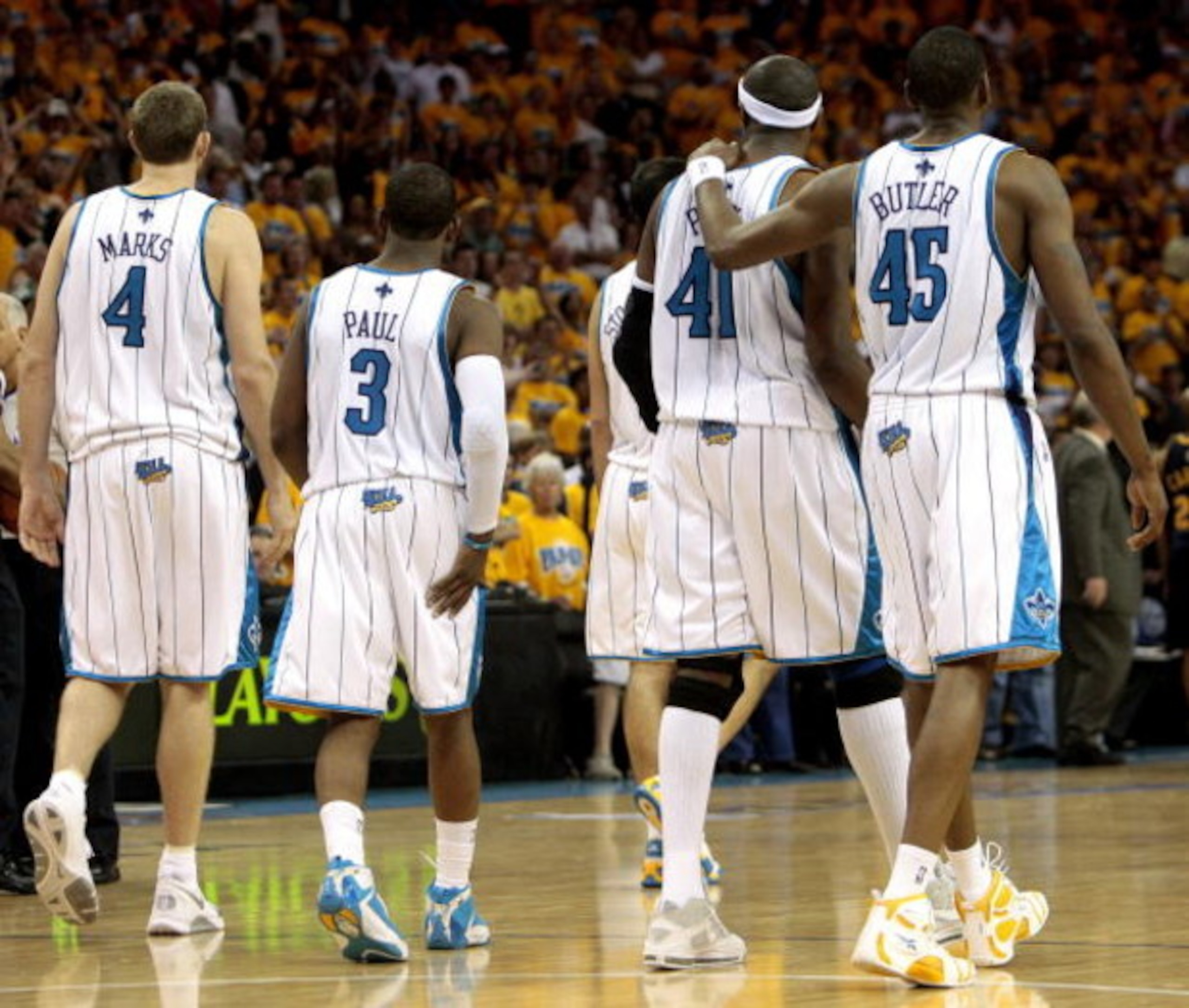 NEW ORLEANS - APRIL 25: (L-R) Sean Marks #4, Chris Paul #4,James Posey #41 and Rasual Butler #45 of the New Orleans Hornets walk across the court during Game Three of the Western Conference Quarterfinals against the Denver Nuggets during the 2009 NBA Pla NEW ORLEANS - APRIL 25: (L-R) Sean Marks #4, Chris Paul #4,James Posey #41 and Rasual Butler #45 of the New Orleans Hornets walk across the court during Game Three of the Western Conference Quarterfinals against the Denver Nuggets during the 2009 NBA Pla