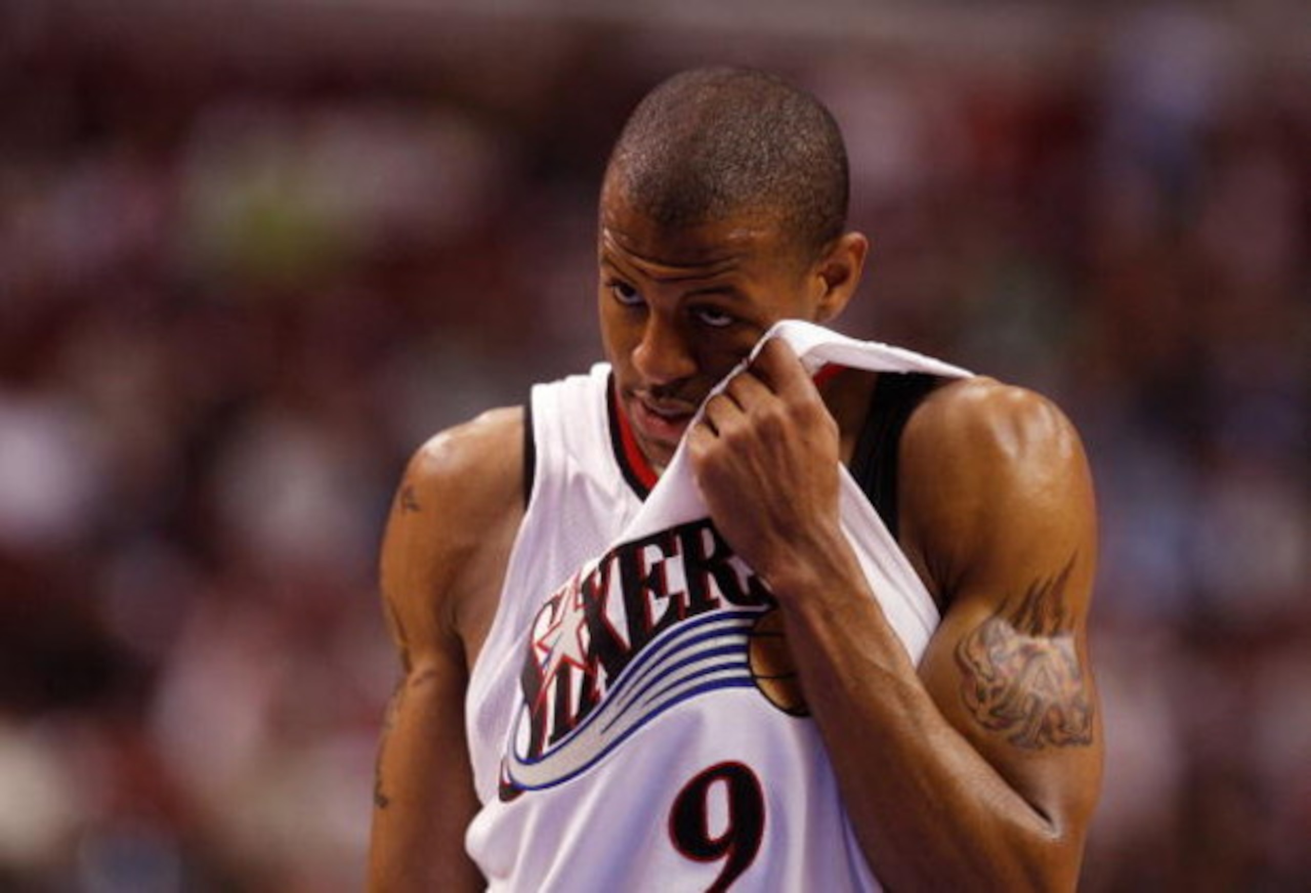 PHILADELPHIA - MAY 01: Andre Iguodala #9 of the Philadelphia 76ers wipes sweat from his face against the Detroit Pistons in Game Six of the Eastern Conference Quarterfinals during the 2008 NBA Playoffs on May 1, 2008 at the Wachovia Center in Philadelphi PHILADELPHIA - MAY 01: Andre Iguodala #9 of the Philadelphia 76ers wipes sweat from his face against the Detroit Pistons in Game Six of the Eastern Conference Quarterfinals during the 2008 NBA Playoffs on May 1, 2008 at the Wachovia Center in Philadelphi