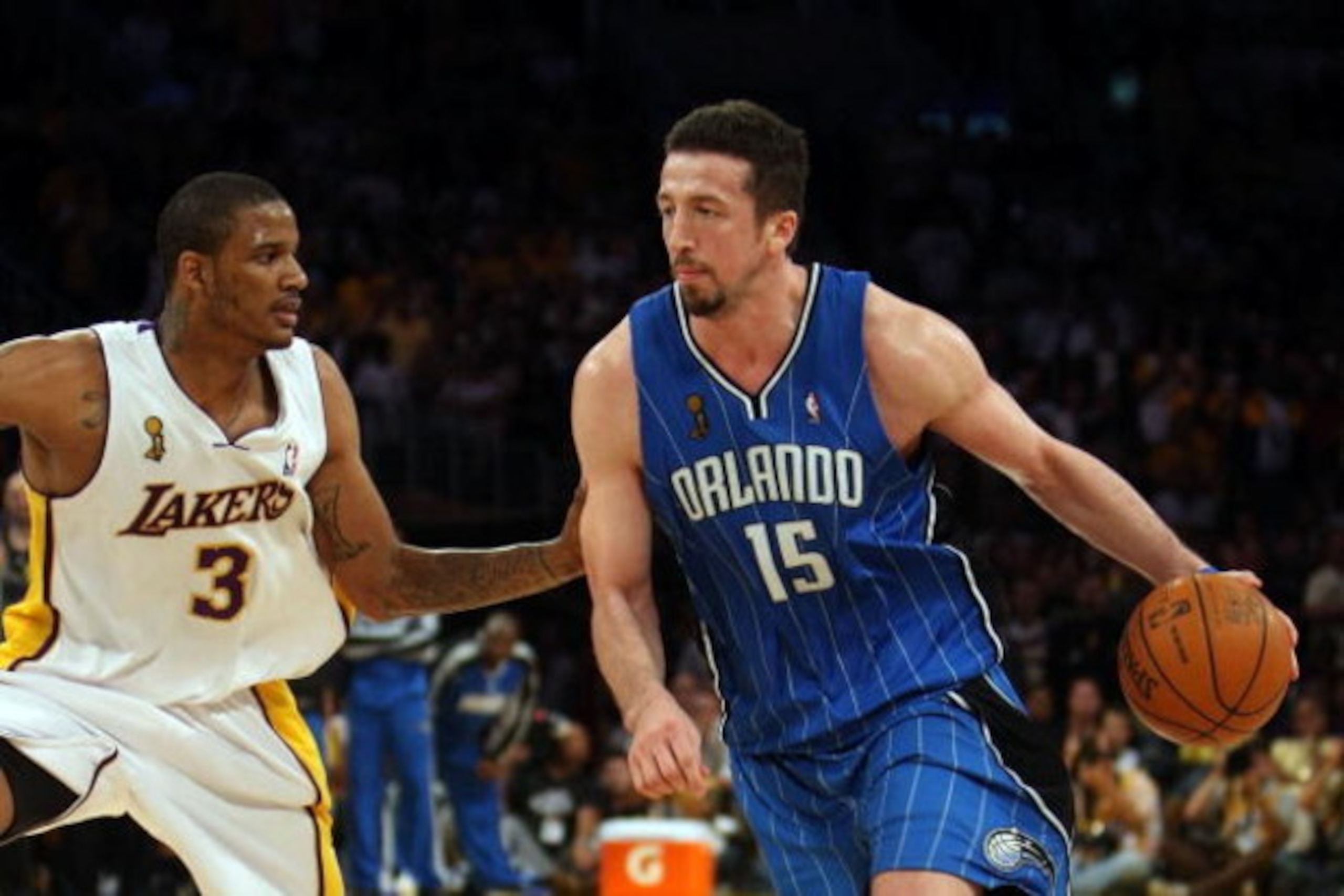 LOS ANGELES, CA - JUNE 07: Hedo Turkoglu #15 of the Orlando Magic drives on Trevor Ariza #3 of the Los Angeles Lakers in Game Two of the 2009 NBA Finals at Staples Center on June 7, 2009 in Los Angeles, California. NOTE TO USER: User expressly acknowledg LOS ANGELES, CA - JUNE 07: Hedo Turkoglu #15 of the Orlando Magic drives on Trevor Ariza #3 of the Los Angeles Lakers in Game Two of the 2009 NBA Finals at Staples Center on June 7, 2009 in Los Angeles, California. NOTE TO USER: User expressly acknowledg