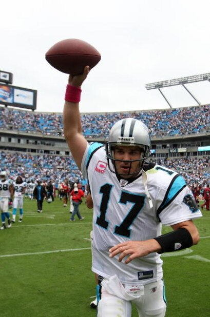 CHARLOTTE, NC - OCTOBER 11:  Jake Delhomme #17 of the Carolina Panthers celebrates after winning the game 20-17 against the Washington Redskins at Bank of America Stadium on October 11, 2009 in Charlotte, North Carolina.  (Photo by Streeter Lecka/Getty Im
