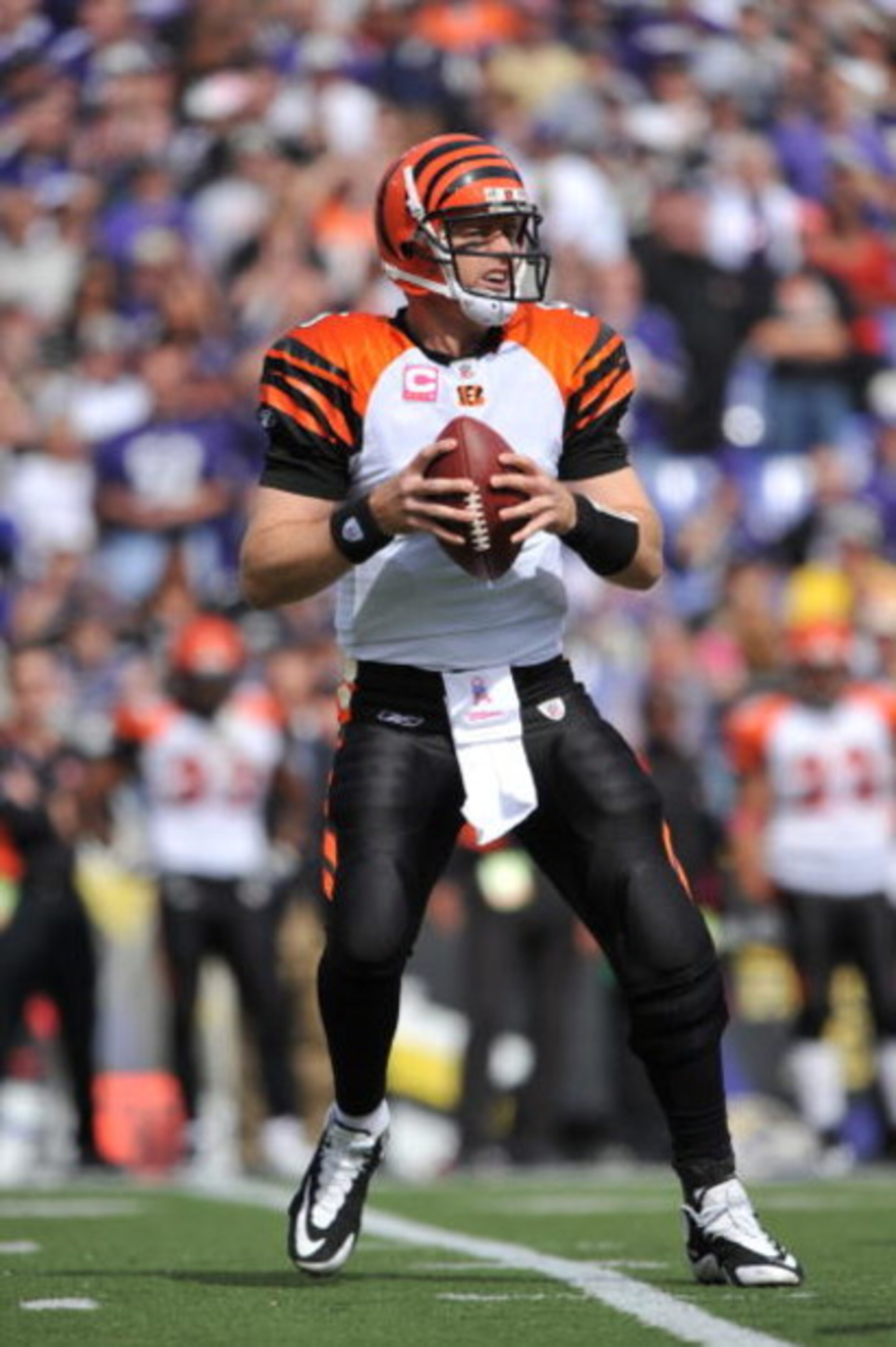 BALTIMORE - OCTOBER 11:  Carson Palmer #9 of the Cincinnati Bengals looks to pass against the Baltimore Ravens at M&T Bank Stadium on October 11, 2009 in Baltimore, Maryland. The Bengals defeated the Ravens 17-14. (Photo by Larry French/Getty Images)