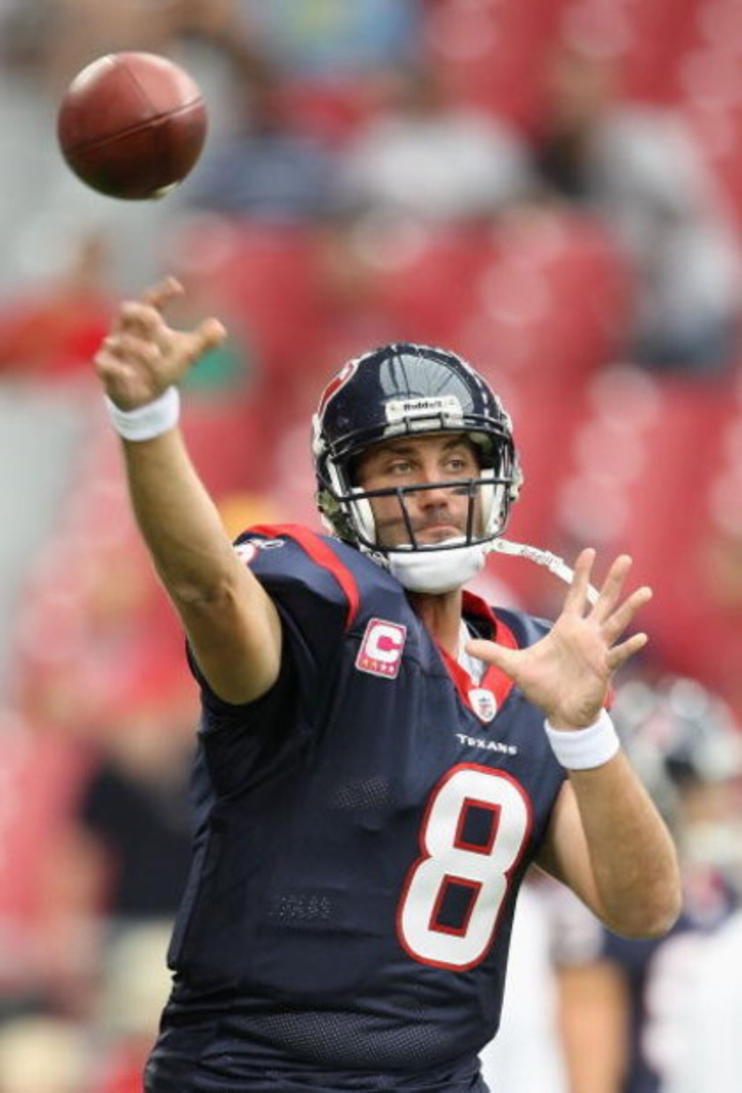 GLENDALE, AZ - OCTOBER 11:  Quarterback Matt Schaub #8 of the Houston Texans warms up before the NFL game against the Arizona Cardinals at the Universtity of Phoenix Stadium on October 11, 2009 in Glendale, Arizona. The Cardinals defeated the Texans 28-21