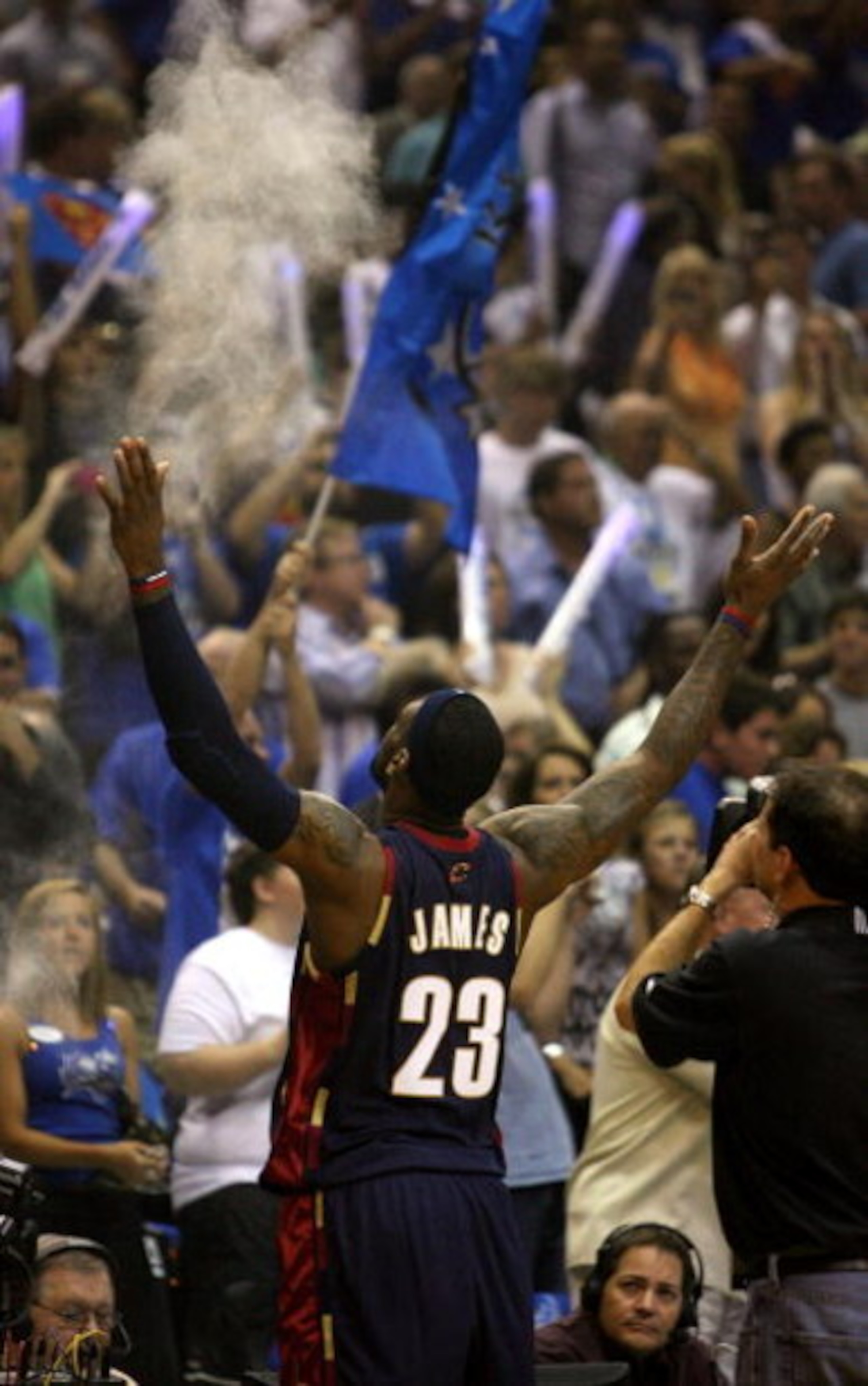 ORLANDO, FL - MAY 30: LeBron James #23 of the Cleveland Cavaliers throws powder in the air before Game Six of the Eastern Conference Finals against the Orlando Magic during the 2009 Playoffs at Amway Arena on May 30, 2009 in Orlando, Florida. NOTE TO USER