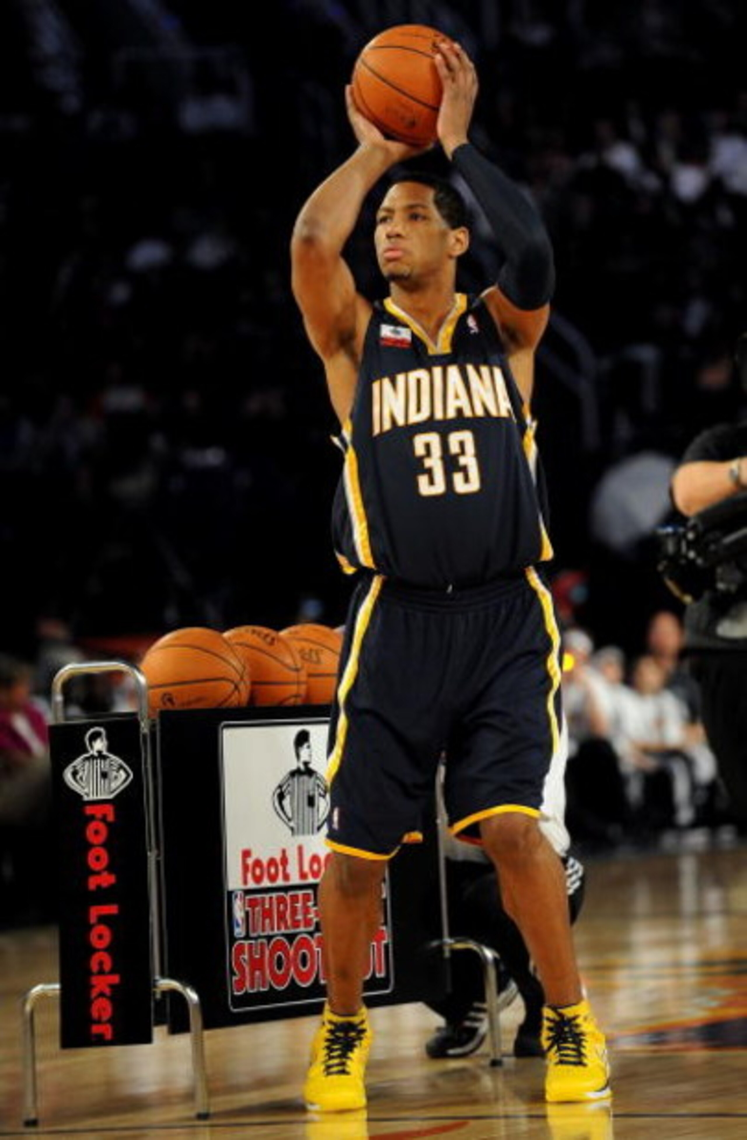 PHOENIX - FEBRUARY 14:  Danny Granger of the Indiana Pacers participates in the Foot Locker Three-Point Shootout on All-Star Saturday Night, part of 2009 NBA All-Star Weekend at US Airways Center on February 14, 2009 in Phoenix, Arizona.  NOTE TO USER: Us