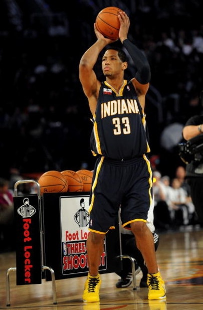 PHOENIX - FEBRUARY 14:  Danny Granger of the Indiana Pacers participates in the Foot Locker Three-Point Shootout on All-Star Saturday Night, part of 2009 NBA All-Star Weekend at US Airways Center on February 14, 2009 in Phoenix, Arizona.  NOTE TO USER: Us