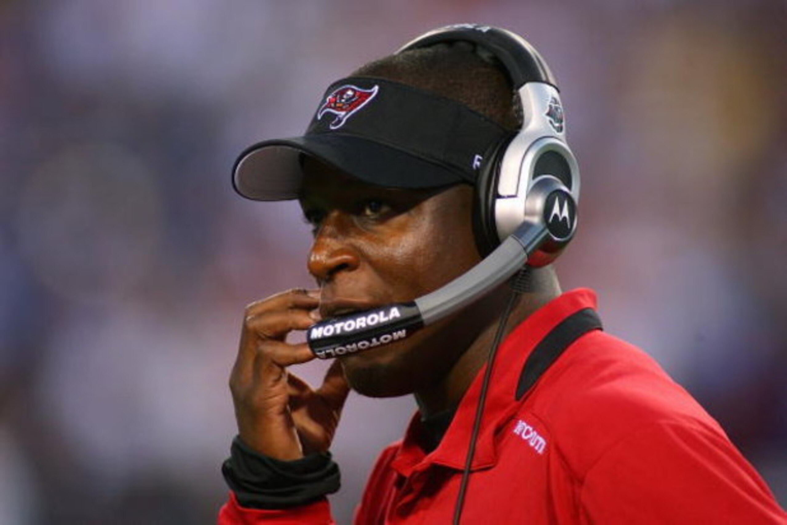 ORCHARD PARK, NY - SEPTEMBER 20: Head Coach Raheem Morris of the Tampa Bay Buccaneers watches from the sidelines during the game against the Buffalo Bills at Ralph Wilson Stadium on September 20, 2009 in Orchard Park, New York. The Bills won 33-20. (Ph ORCHARD PARK, NY - SEPTEMBER 20: Head Coach Raheem Morris of the Tampa Bay Buccaneers watches from the sidelines during the game against the Buffalo Bills at Ralph Wilson Stadium on September 20, 2009 in Orchard Park, New York. The Bills won 33-20. (Ph
