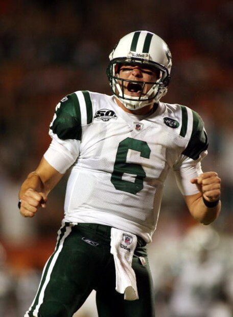 MIAMI - OCTOBER 12:  Quarterback Mark Sanchez #6 of the New York Jets celebrate a touchdown against the Miami Dolphins at Land Shark Stadium on October 12, 2009 in Miami, Florida.  (Photo by Marc Serota/Getty Images)