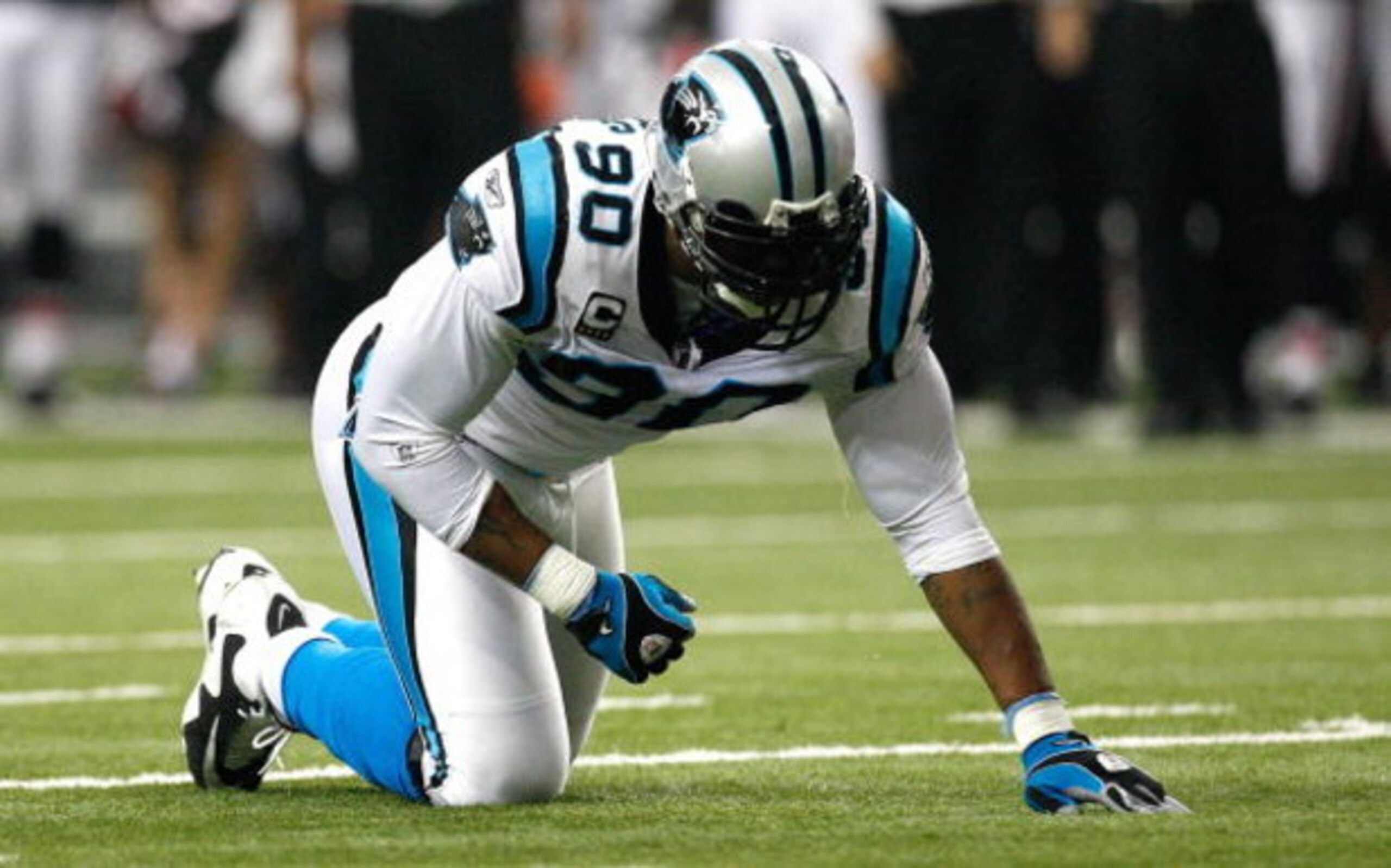 ATLANTA - SEPTEMBER 20: Julius Peppers #90 of the Carolina Panthers is slow to get up against the Atlanta Falcons at Georgia Dome on September 20, 2009 in Atlanta, Georgia. (Photo by Kevin C. Cox/Getty Images) ATLANTA - SEPTEMBER 20: Julius Peppers #90 of the Carolina Panthers is slow to get up against the Atlanta Falcons at Georgia Dome on September 20, 2009 in Atlanta, Georgia. (Photo by Kevin C. Cox/Getty Images)