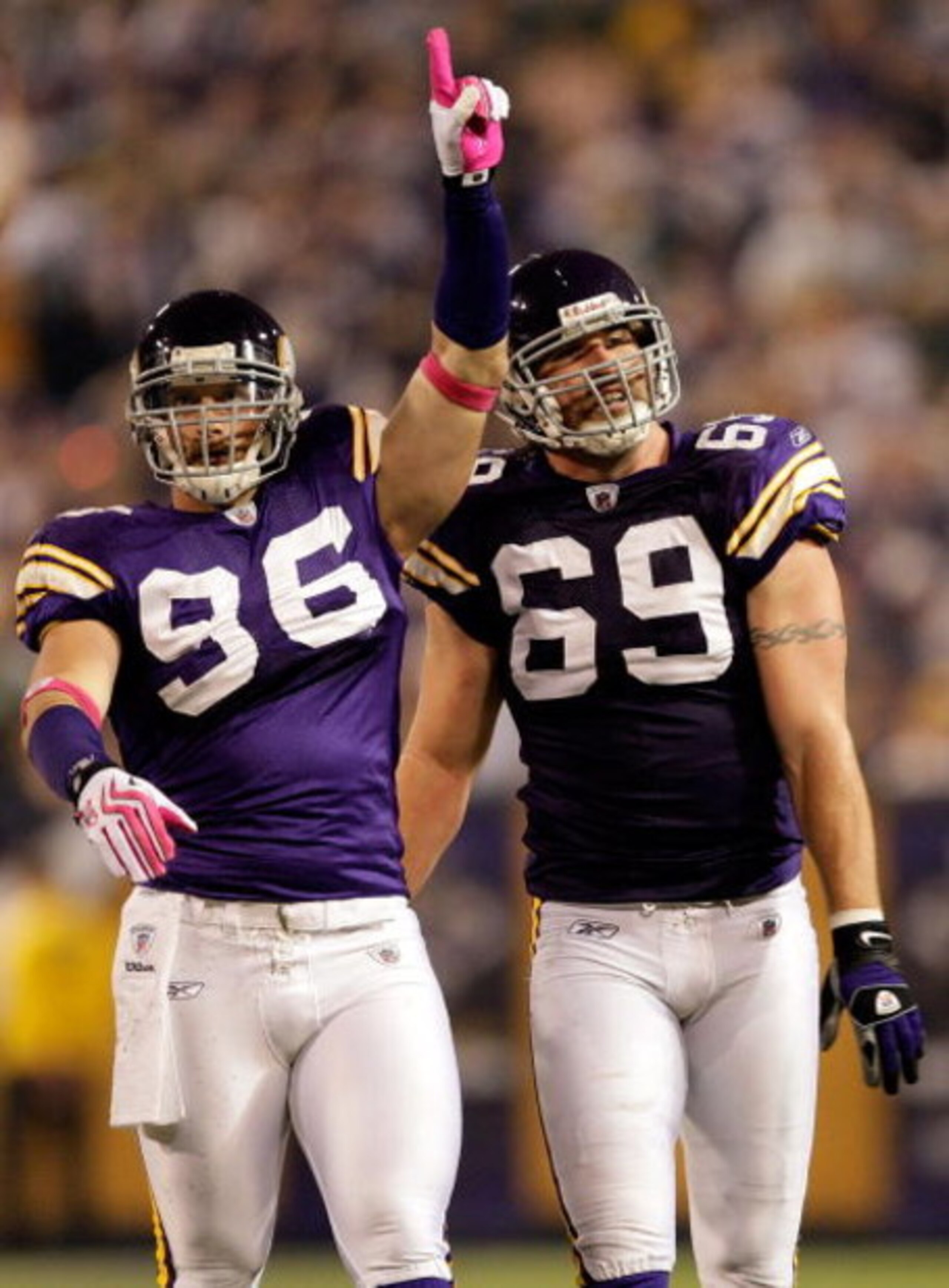 MINNEAPOLIS - OCTOBER 05: Defensive ends Brian Robinson #96 and Jared Allen #69 of the Minnesota Vikings celebrate during the Monday Night Football game against the Green Bay Packers on October 5, 2009 at Hubert H. Humphrey Metrodome in Minneapolis, Minn MINNEAPOLIS - OCTOBER 05: Defensive ends Brian Robinson #96 and Jared Allen #69 of the Minnesota Vikings celebrate during the Monday Night Football game against the Green Bay Packers on October 5, 2009 at Hubert H. Humphrey Metrodome in Minneapolis, Minn