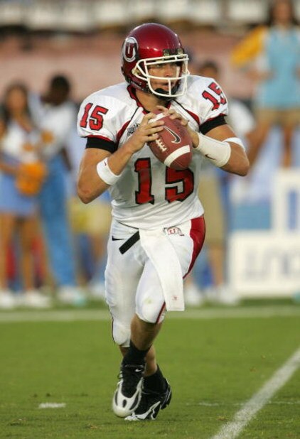 PASADENA, CA - SEPTEMBER 02:  Quarterback Brett Ratliff #15 of the Utah Utes drops back to pass against the UCLA Bruins during the college football game held on Septemeber 2, 2006 at the Rose Bowl in Pasadena, California.  The Bruins defeated the Utes 31-