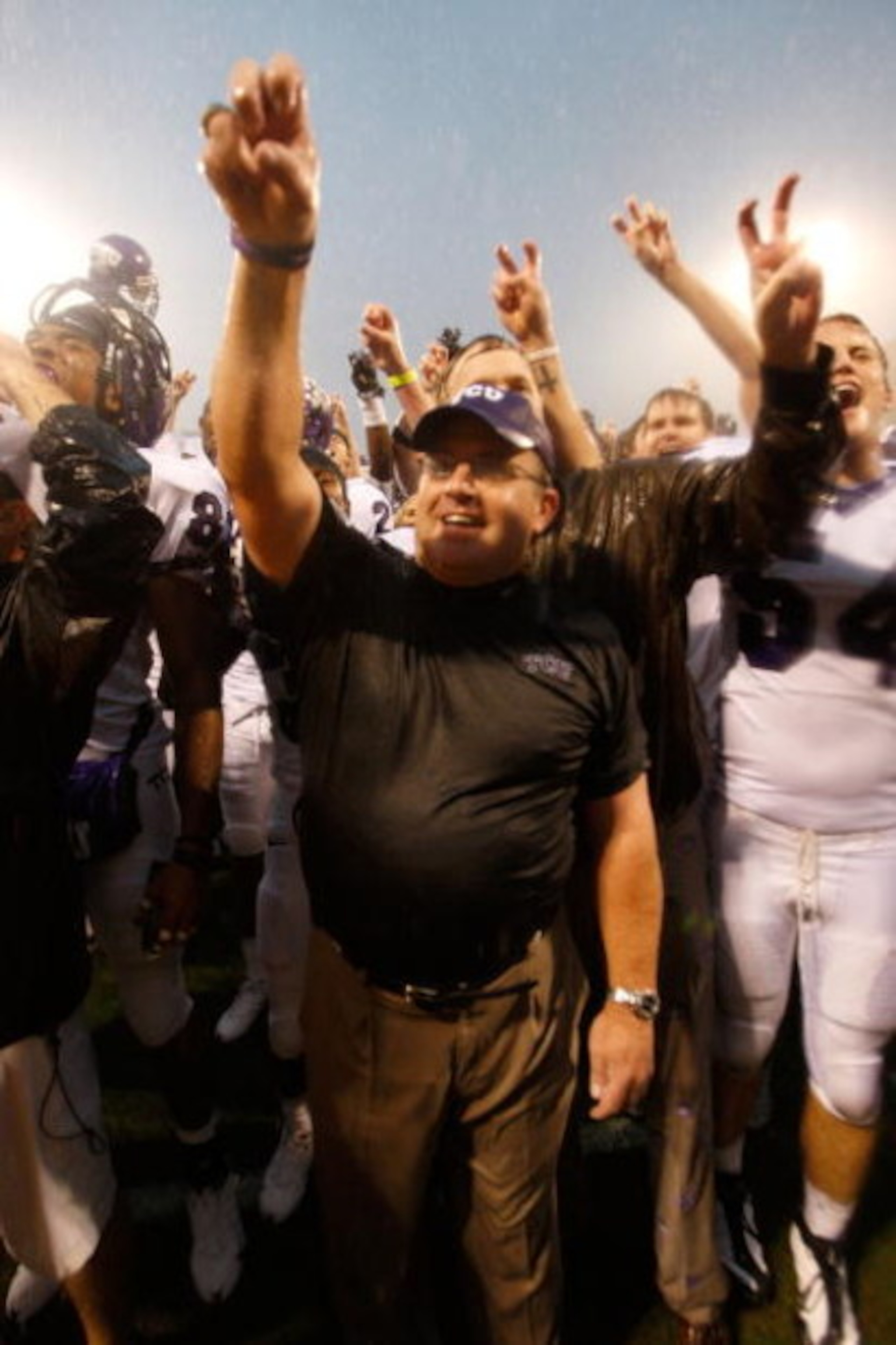 CLEMSON, SC - SEPTEMBER 26:  Head coach Gary Patterson of the TCU Horned Frogs celebrates after a 14-10 victory over the Clemson Tigers after their game at Memorial Stadium on September 26, 2009 in Clemson, South Carolina.  (Photo by Streeter Lecka/Getty 