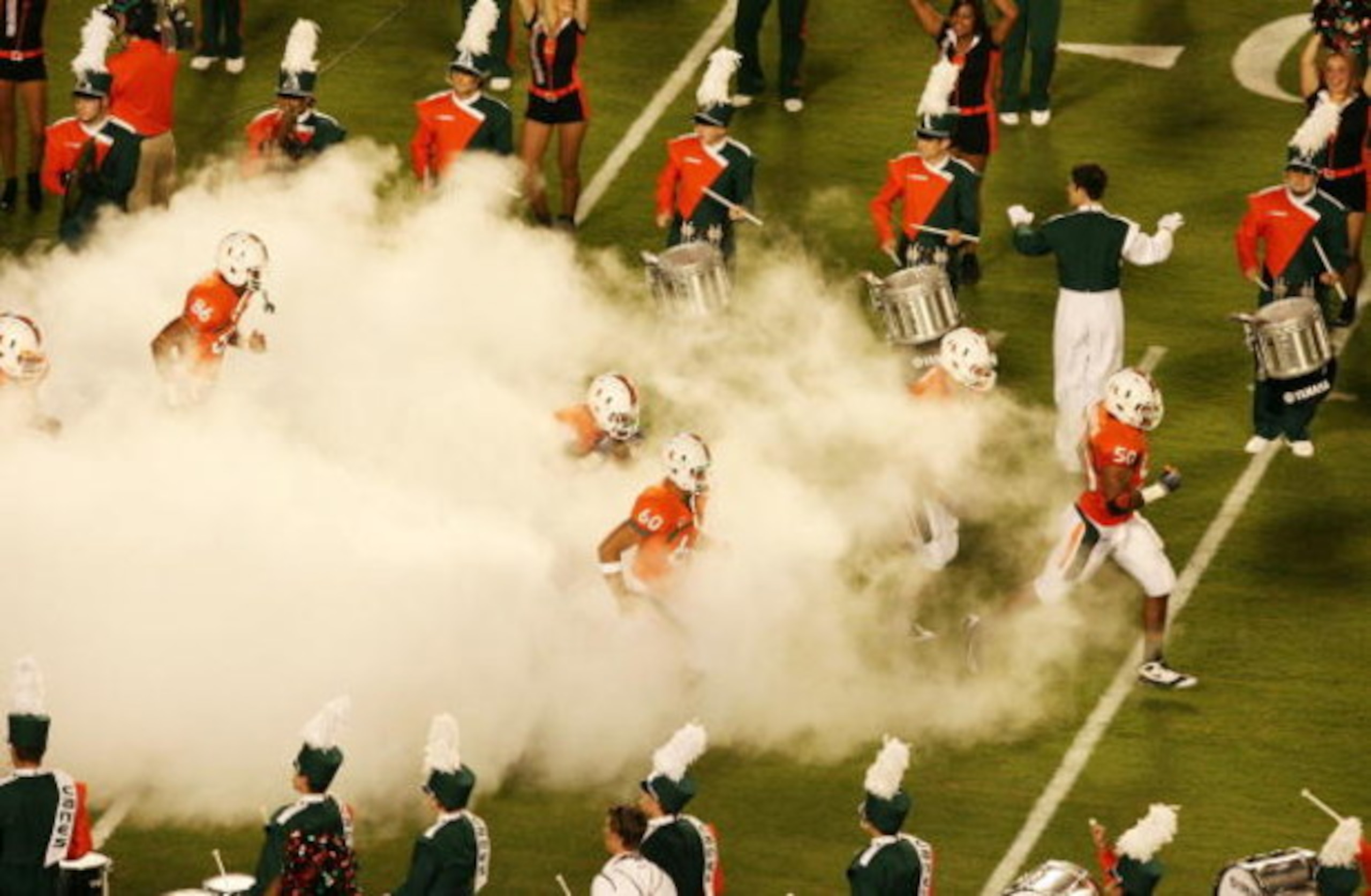 MIAMI GARDENS, FL - OCTOBER 3:  The band as the Miami Hurricanes take the field before their start of the game against the Oklahoma Sooners on October 3, 2009 at Landshark Stadium in Miami Gardens, Florida. (Photo by Doug Benc/Getty Images)