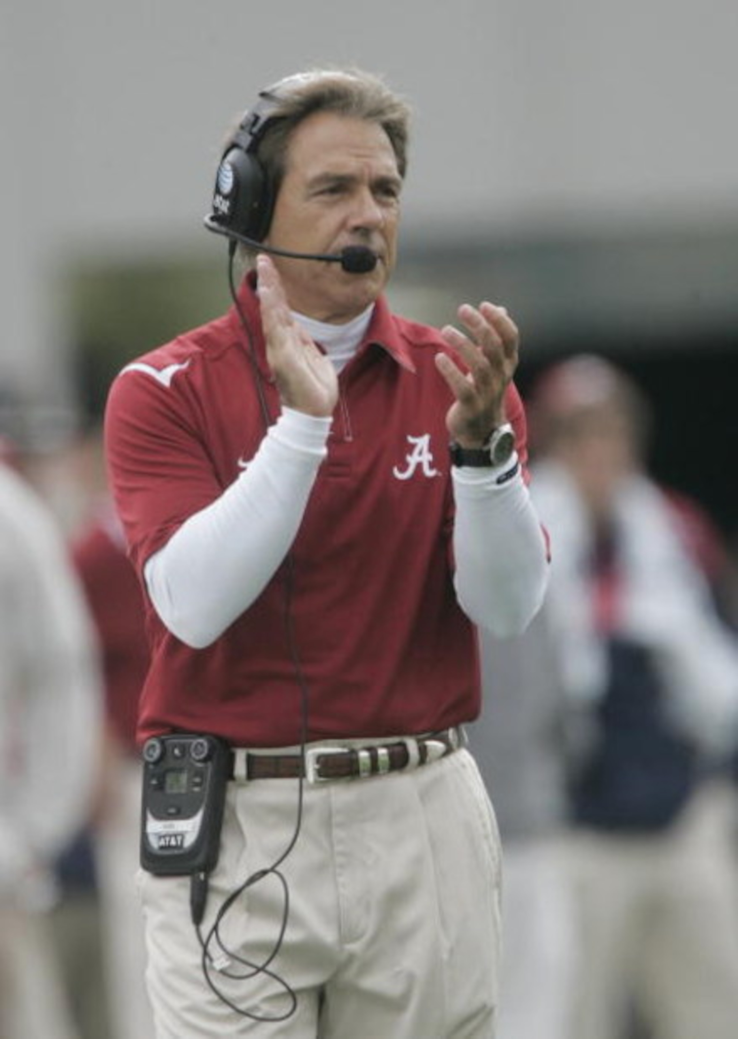 OXFORD, MS - OCTOBER 10:  Coach Nick Saban of the Alabama Crimson Tide watches from the sidelines during their game against the Mississippi Rebels at Vaught-Hemingway Stadium on October 10, 2009 in Oxford, Mississippi. (Photo by Dave Martin/Getty Images)