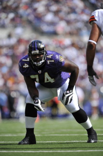 BALTIMORE - SEPTEMBER 27:  Michael Oher #74 of the Baltimore Ravens defends against the Cleveland Browns at M&T Bank Stadium on September 27, 2009 in Baltimore, Maryland. The Ravens defeated the Browns 34-3. (Photo by Larry French/Getty Images)