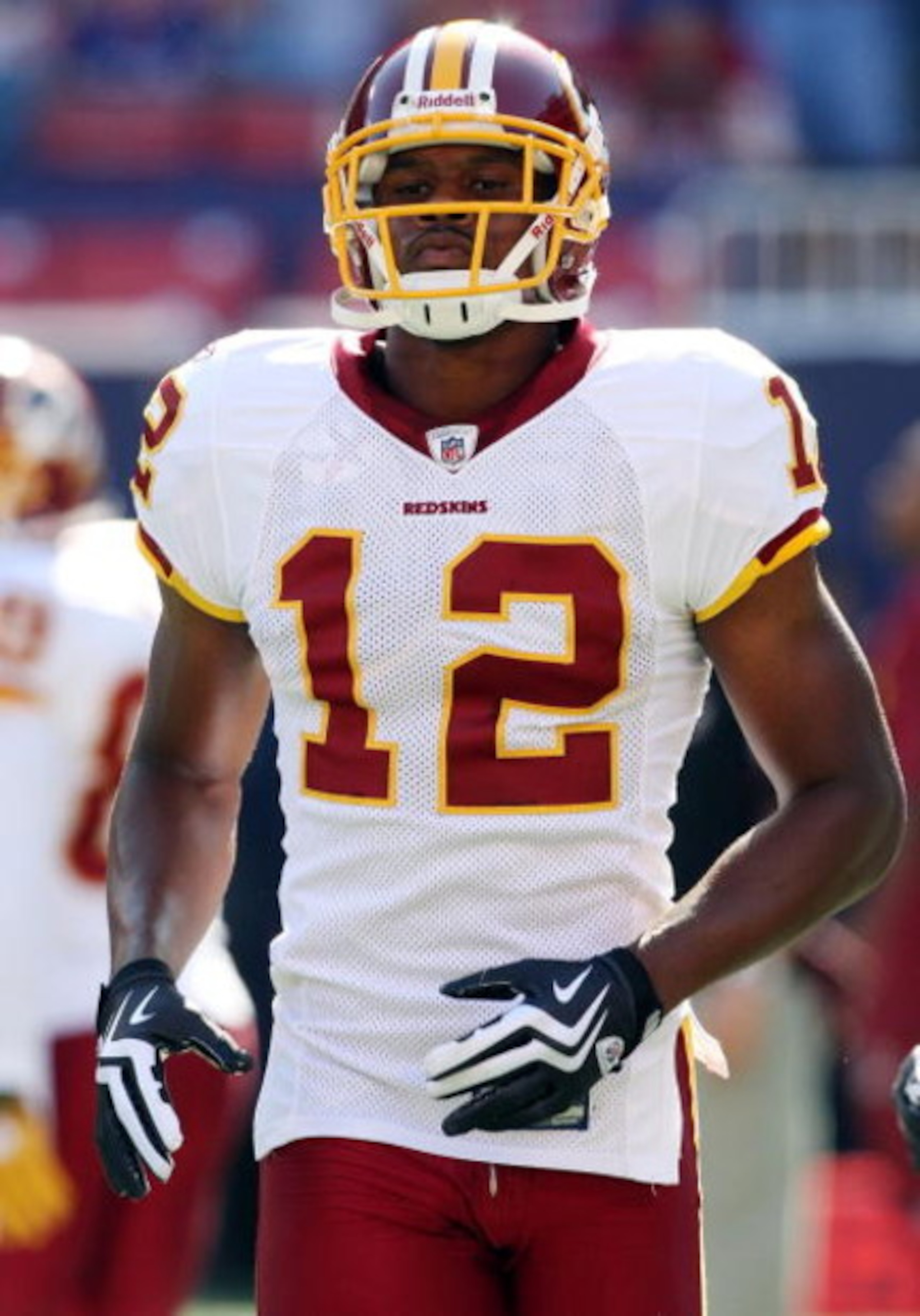 EAST RUTHERFORD, NJ - SEPTEMBER 13:  Malcolm Kelly #12 of the Washington Redskins warms up before playing the New York Giants on September 13, 2009 at Giants Stadium in East Rutherford, New Jersey.  (Photo by Jim McIsaac/Getty Images)
