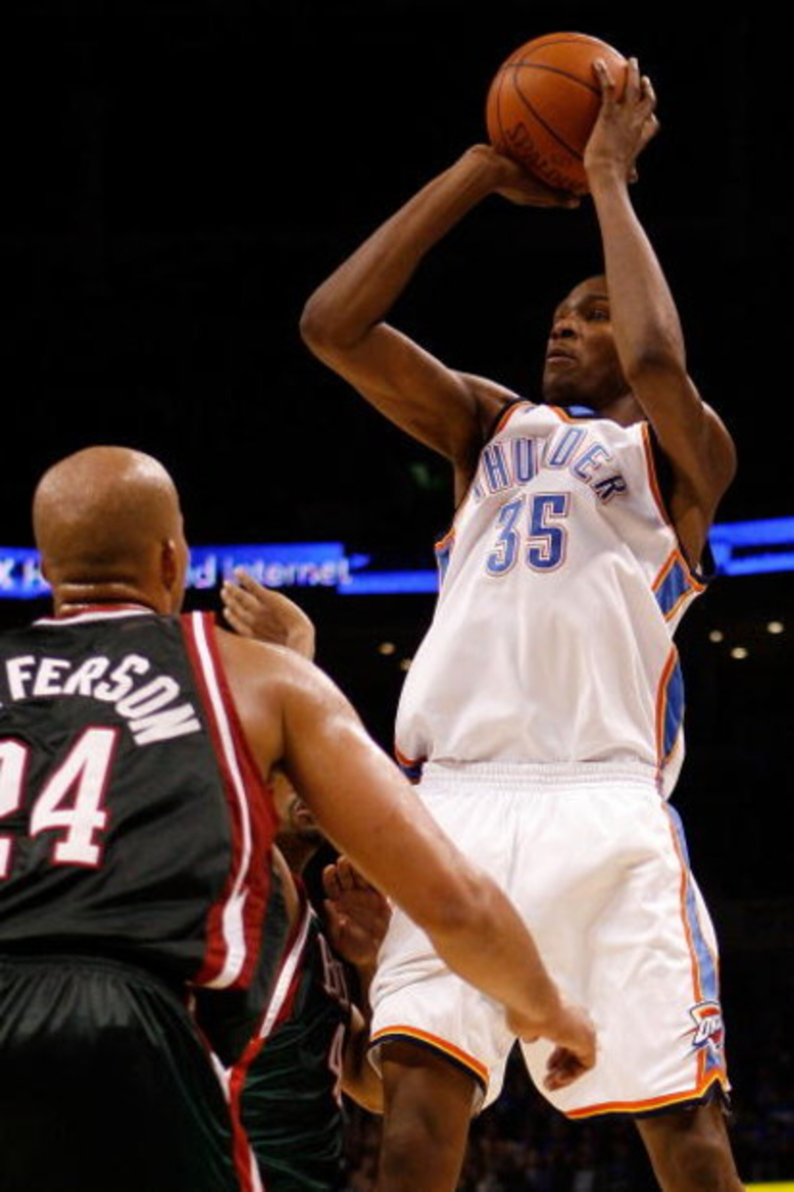 OKLAHOMA CITY - OCTOBER 29: Kevin Durant #35 of the Oklahoma City Thunder makes a shot over Richard Jefferson #24 of the Milwaukee Bucks at the Ford Center October 29, 2008 in Oklahoma City, Oklahoma. The Bucks defeated the Thunder 98-87. NOTE TO USER: OKLAHOMA CITY - OCTOBER 29: Kevin Durant #35 of the Oklahoma City Thunder makes a shot over Richard Jefferson #24 of the Milwaukee Bucks at the Ford Center October 29, 2008 in Oklahoma City, Oklahoma. The Bucks defeated the Thunder 98-87. NOTE TO USER: