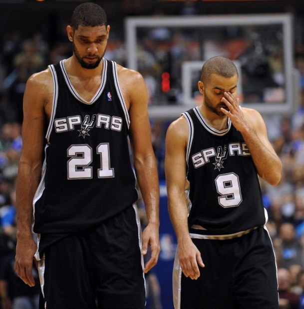 DALLAS - APRIL 25:  Forward Tim Duncan #21 and Tony Parker #9 of the San Antonio Spurs during a 99-90 loss against the Dallas Mavericks in Game Four of the Western Conference Quarterfinals during the 2009 NBA Playoffs at American Airlines Center on April 