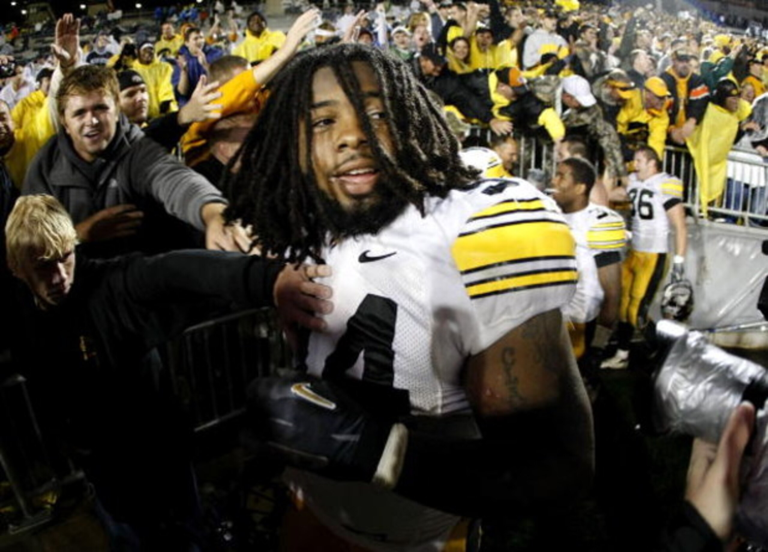 STATE COLLEGE, PA - SEPTEMBER 26:  Adrian Clayborn #94 of the Iowa Hawkeyes celebrates a 21-10 victory over the Penn State Nittnay Lions on September 26, 2009 at Beaver Stadium in State College, Pennsylvania.  (Photo by Gregory Shamus/Getty Images)