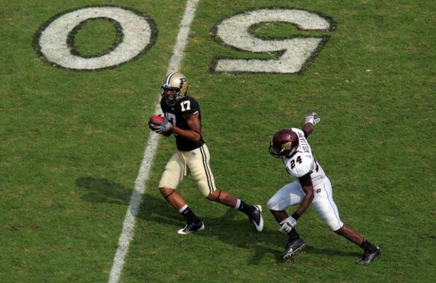 WEST LAFAYETTE, IN - SEPTEMBER 20: Wide receiver Aaron Valentin #17 of the Purdue Boilermakers makes a pass reception against LaVarus Williams #24 of the Central Michigan Chippewas at Ross-Ade Stadium on September 20, 2008 in West Lafayette, Indiana.  (Ph