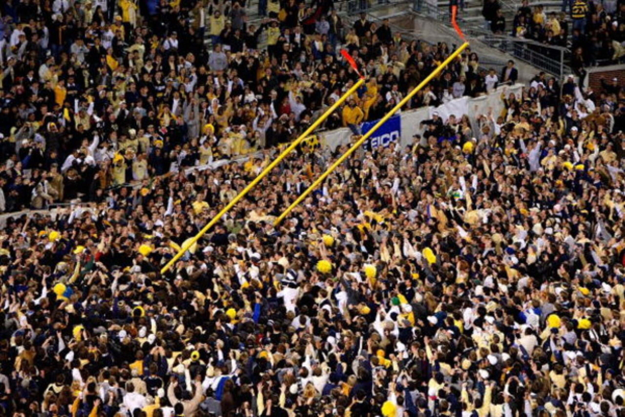 ATLANTA - OCTOBER 17:  Fans bring down the goal post in the North End Zone after the Georgia Tech Yellow Jackets 28-23 win over the Virginia Tech Hokies at Bobby Dodd Stadium on October 17, 2009 in Atlanta, Georgia.  (Photo by Kevin C. Cox/Getty Images)