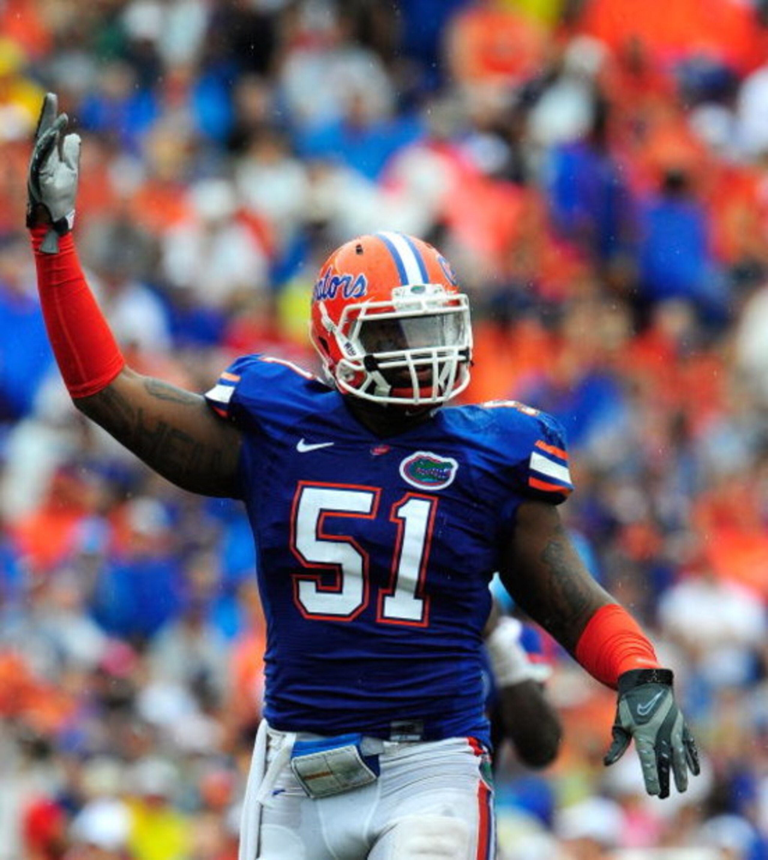 GAINESVILLE, FL - SEPTEMBER 12:  Brandon Spikes #51 of the Florida Gators reacts during the game against the Troy Trojans at Ben Hill Griffin Stadium on September 12, 2009 in Gainesville, Florida.  (Photo by Sam Greenwood/Getty Images)