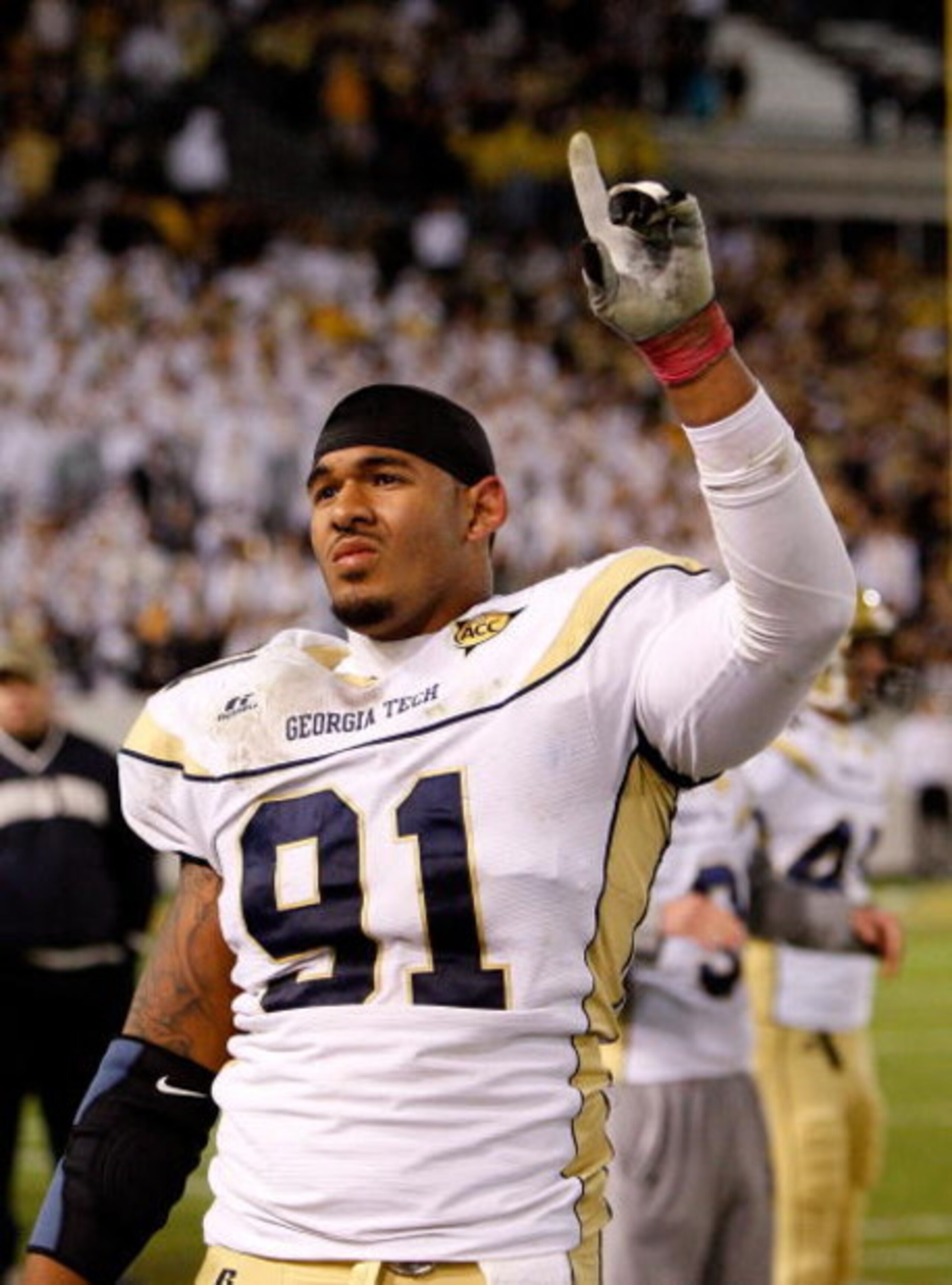 ATLANTA - OCTOBER 17:  Derrick Morgan #91 of the Georgia Tech Yellow Jackets against the Virginia Tech Hokies at Bobby Dodd Stadium on October 17, 2009 in Atlanta, Georgia.  (Photo by Kevin C. Cox/Getty Images)