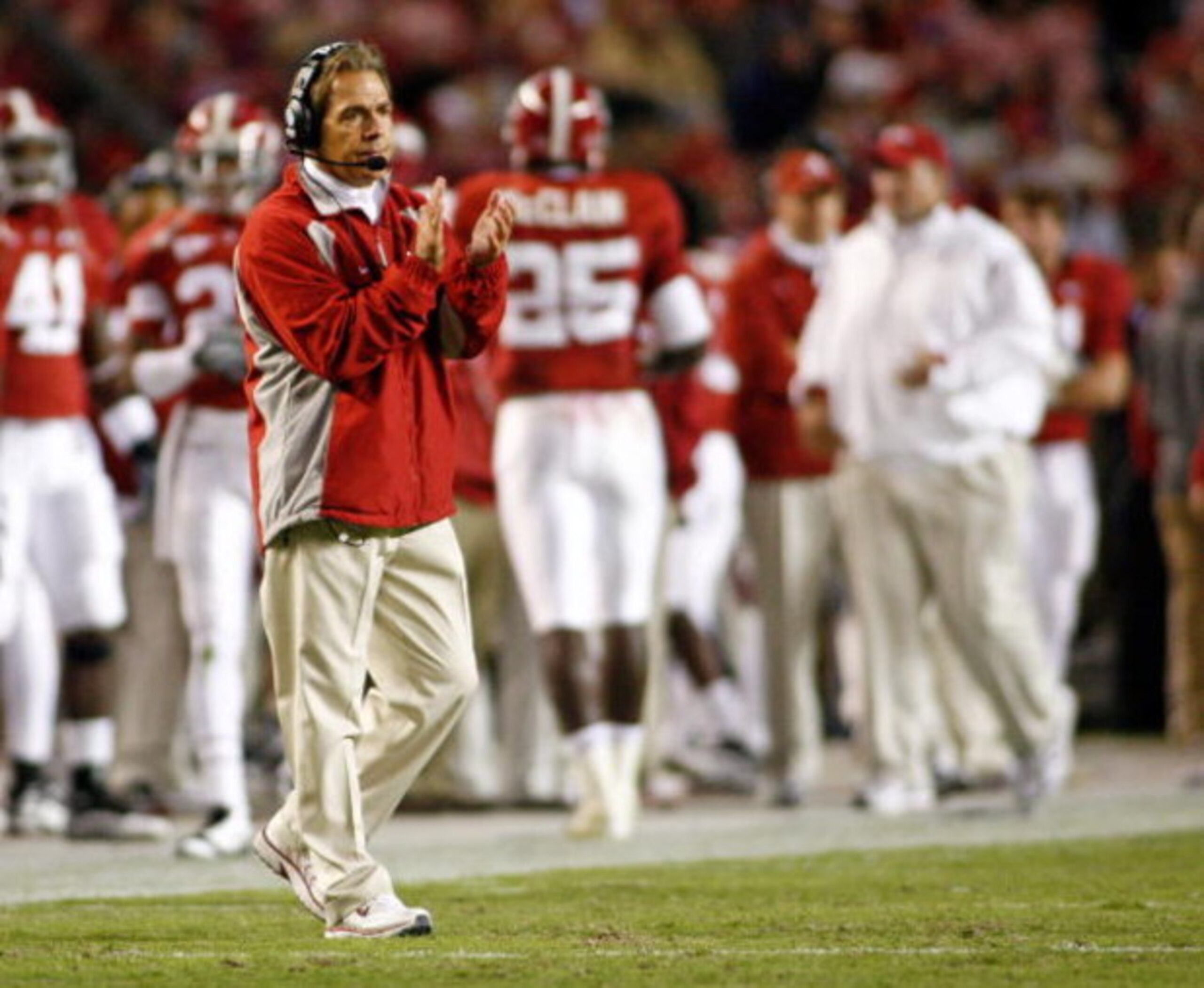 TUSCALOOSA - OCTOBER 17:  Head coach Nick Saban of the Alabama Crimson Tide celebrates a field goal during the game against the South Carolina Gamecocks at Bryant-Denny Stadium on October 17, 2009 in Tuscaloosa, Alabama.  The Crimson Tide beat the Gamecoc