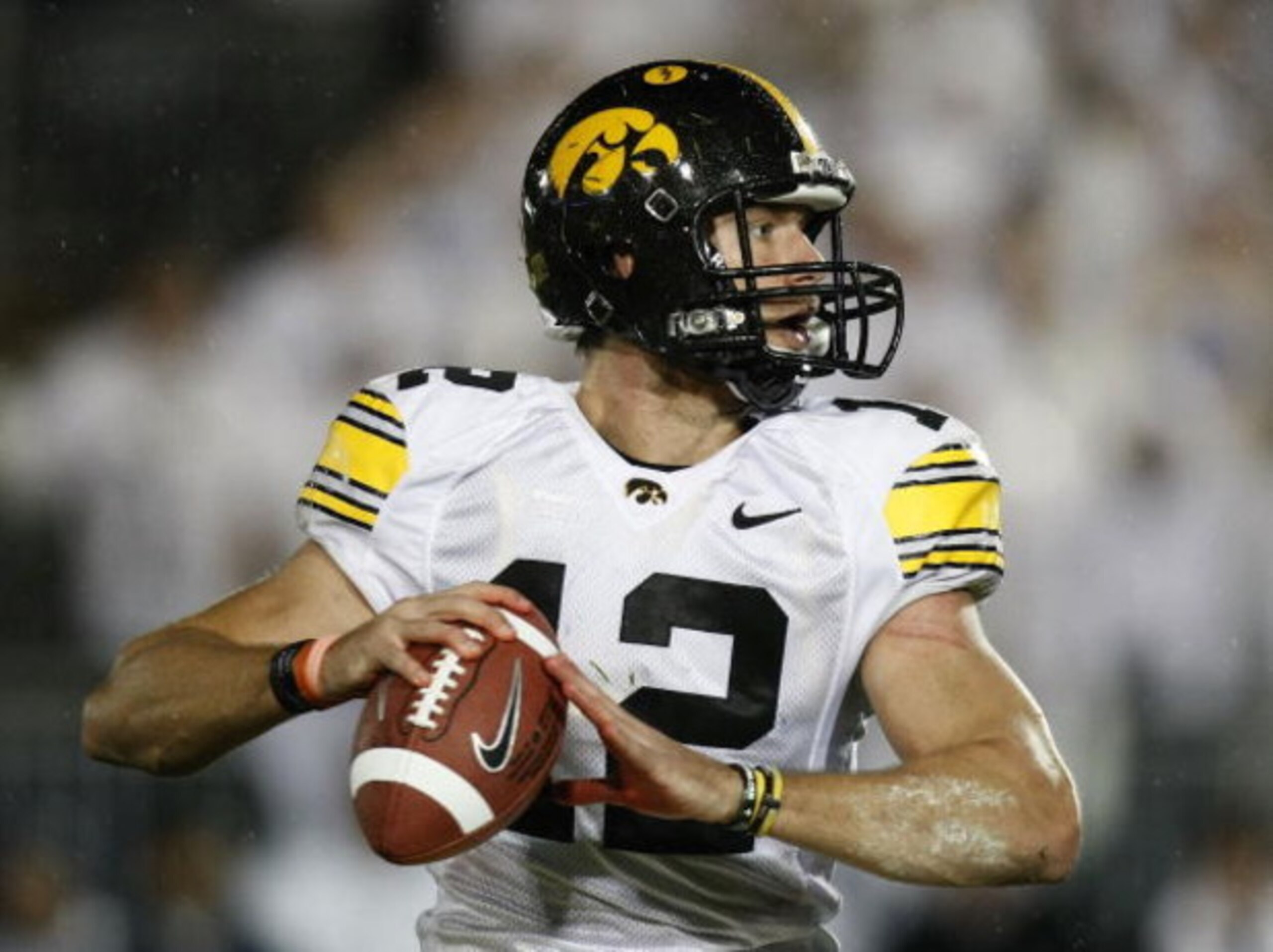 STATE COLLEGE, PA - SEPTEMBER 26: Ricky Stanzi #12 of the Iowa Hawkeyes throws a pass while playing the Penn State Nittnay Lions on September 26, 2009 at Beaver Stadium in State College, Pennsylvania. Iowa won the game 21-10. (Photo by Gregory Shamus/Get STATE COLLEGE, PA - SEPTEMBER 26: Ricky Stanzi #12 of the Iowa Hawkeyes throws a pass while playing the Penn State Nittnay Lions on September 26, 2009 at Beaver Stadium in State College, Pennsylvania. Iowa won the game 21-10. (Photo by Gregory Shamus/Get