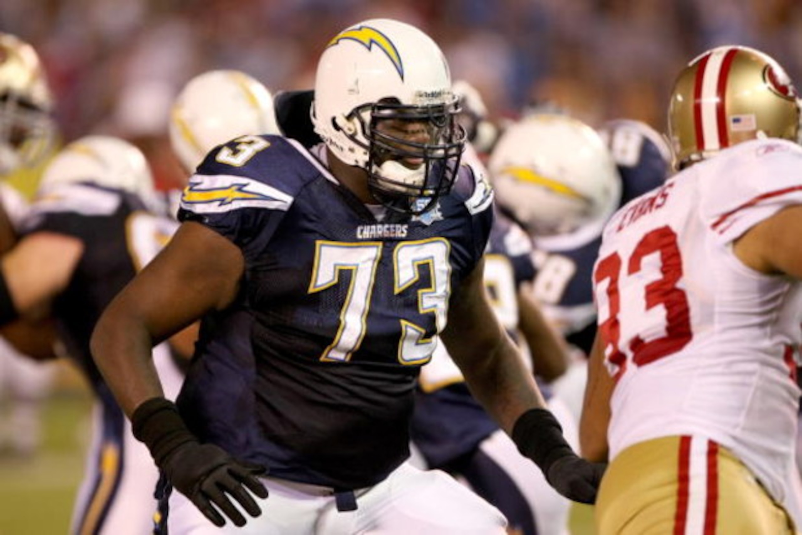 SAN DIEGO - SEPTEMBER 4:  Tackle Marcus McNeill #73 of the San Diego Chargers blocks against the San Francisco 49ers on September 4, 2009 at Qualcomm Stadium in San Diego, California.   The Chrgers won 26-7.  (Photo by Stephen Dunn/Getty Images)