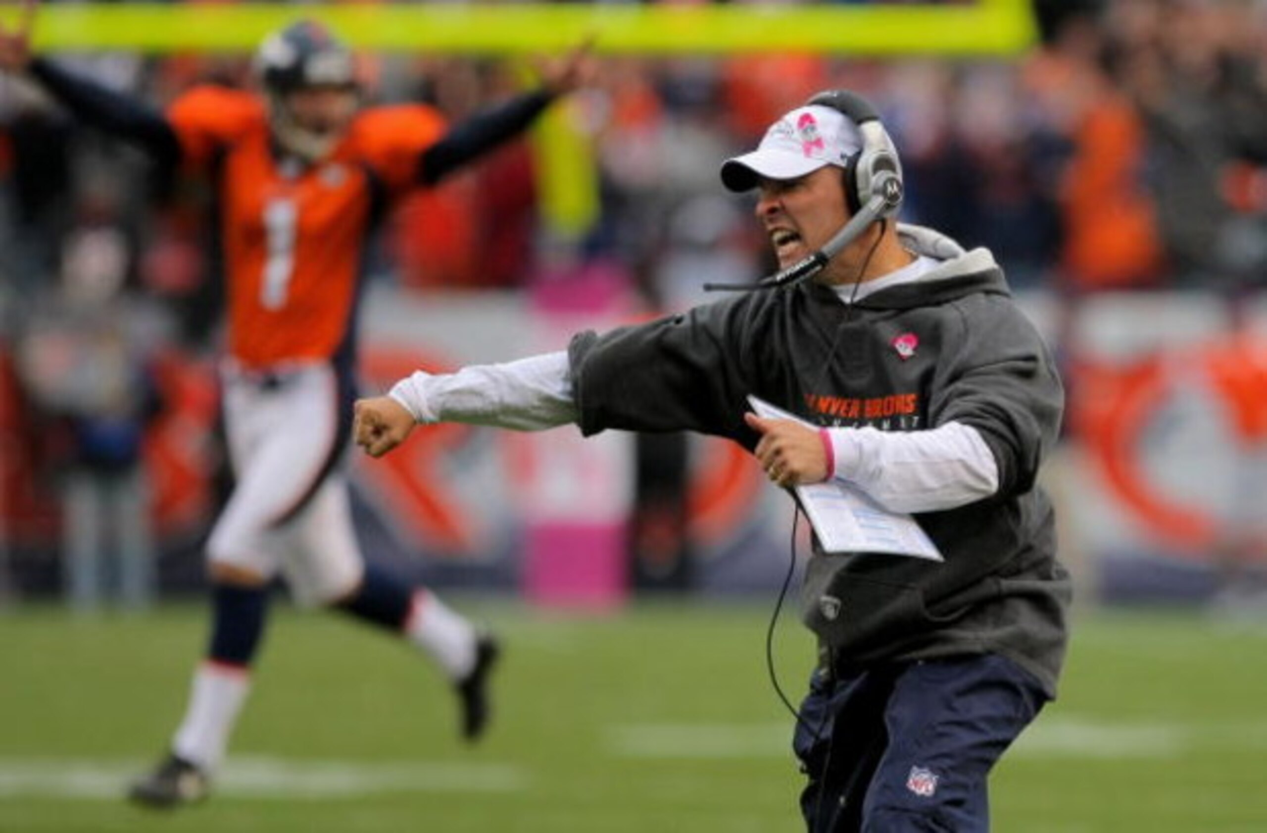 DENVER - OCTOBER 04:  Head coach Josh McDaniels of the Denver Broncos celebrates after Brandon Marshall caught the game winning 51 yard touchdown reception against the Dallas Cowboys with 2:47 remaining in the fourth quarter during NFL action at Invesco F
