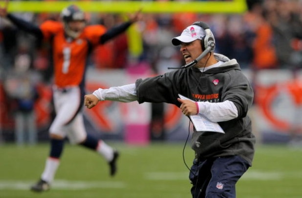 DENVER - OCTOBER 04:  Head coach Josh McDaniels of the Denver Broncos celebrates after Brandon Marshall caught the game winning 51 yard touchdown reception against the Dallas Cowboys with 2:47 remaining in the fourth quarter during NFL action at Invesco F