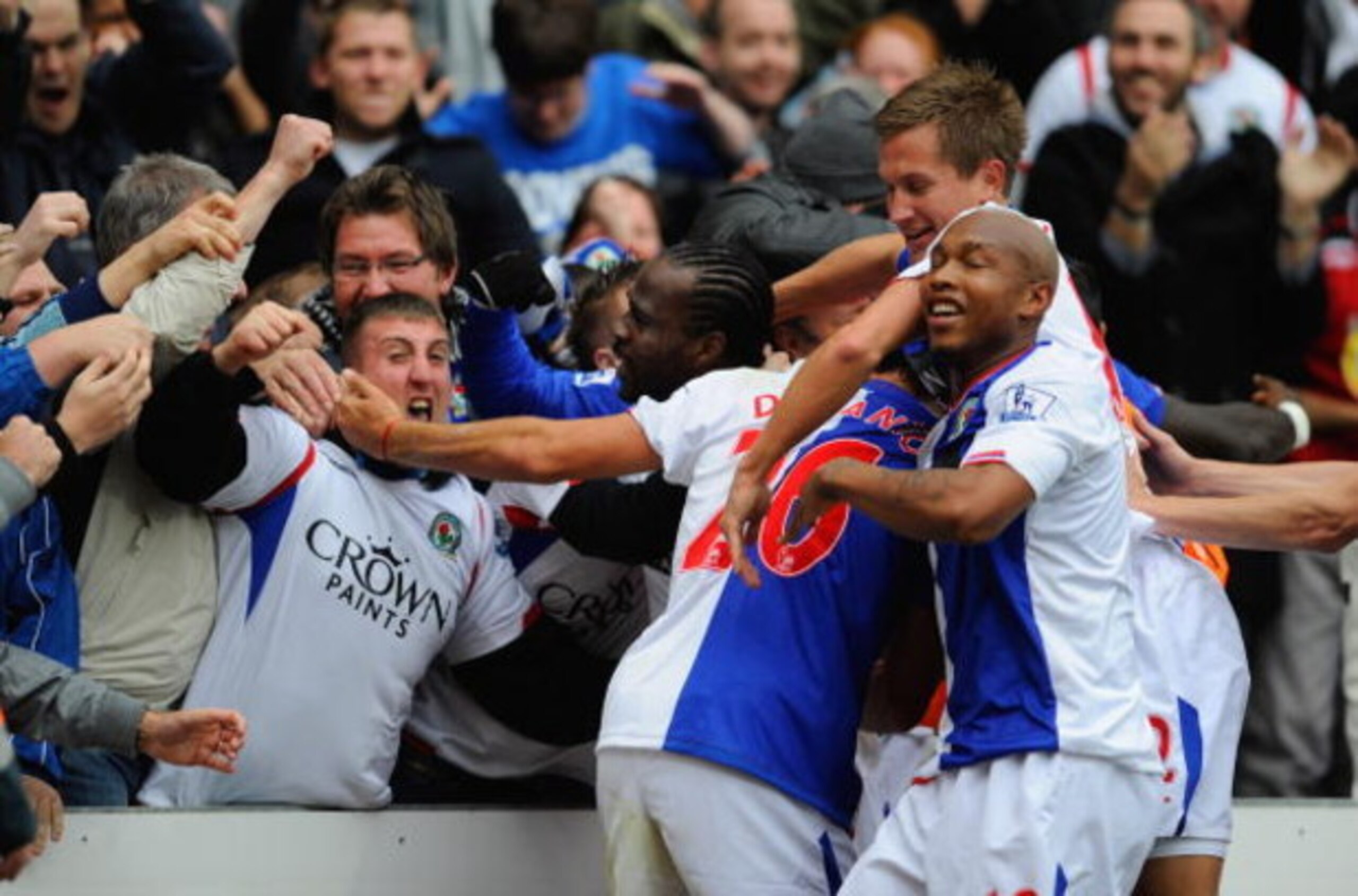 BLACKBURN, ENGLAND - OCTOBER 18:  Franco Di Santo of Blackburn celebrates scoring the 2nd Blackburn goal with fans and team mates during the Barclays Premier League match between Blackburn Rovers and Burnley at Ewood Park on October 18, 2009 in Blackburn,