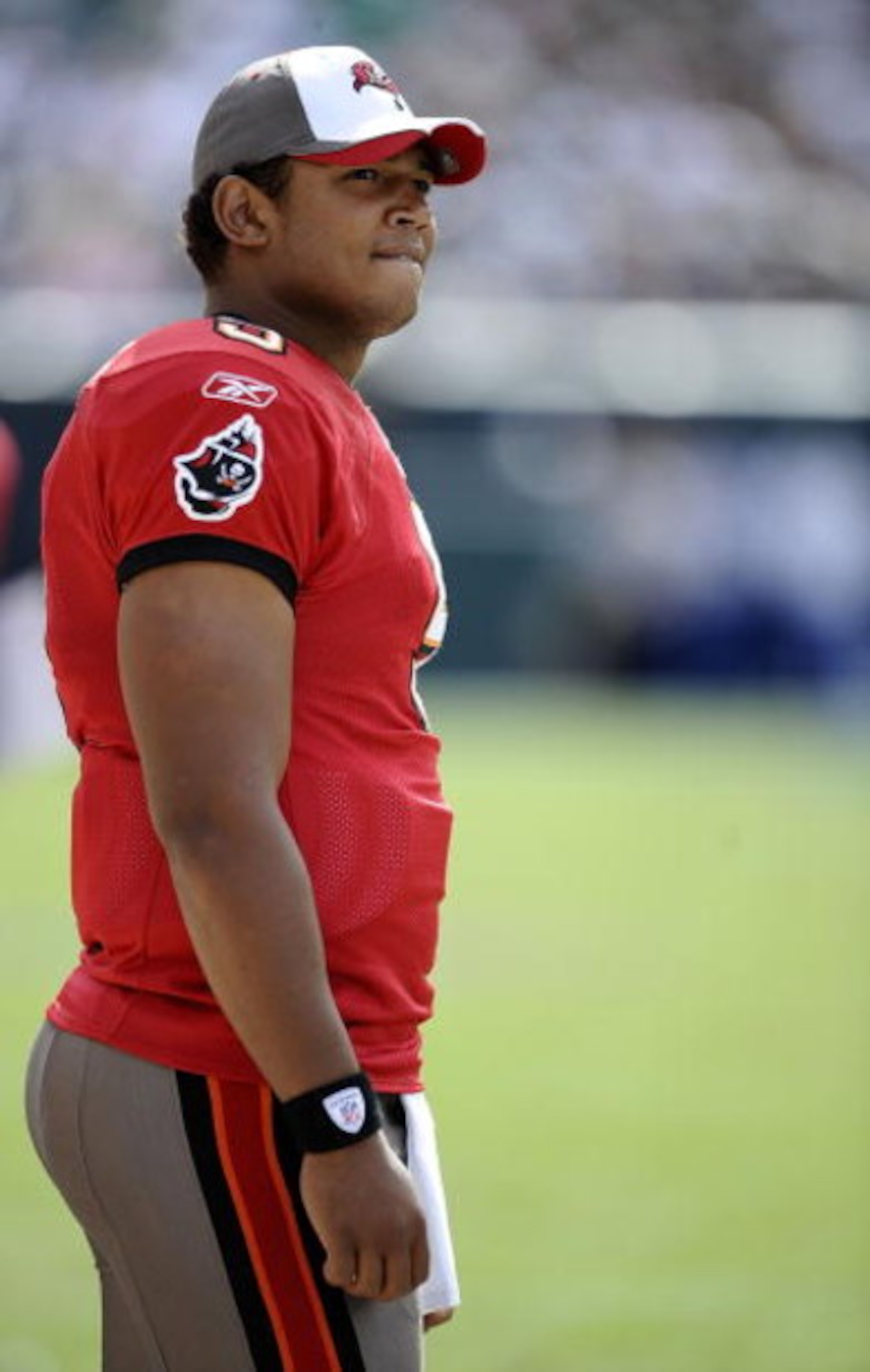 PHILADELPHIA - OCTOBER 11:  Josh Freeman #5 of the Tampa Bay Buccaneers walks on the sidelines at Lincoln Financial Field on October 11, 2009 in Philadelphia, Pennsylvania.  (Photo by Jeff Zelevansky/Getty Images)