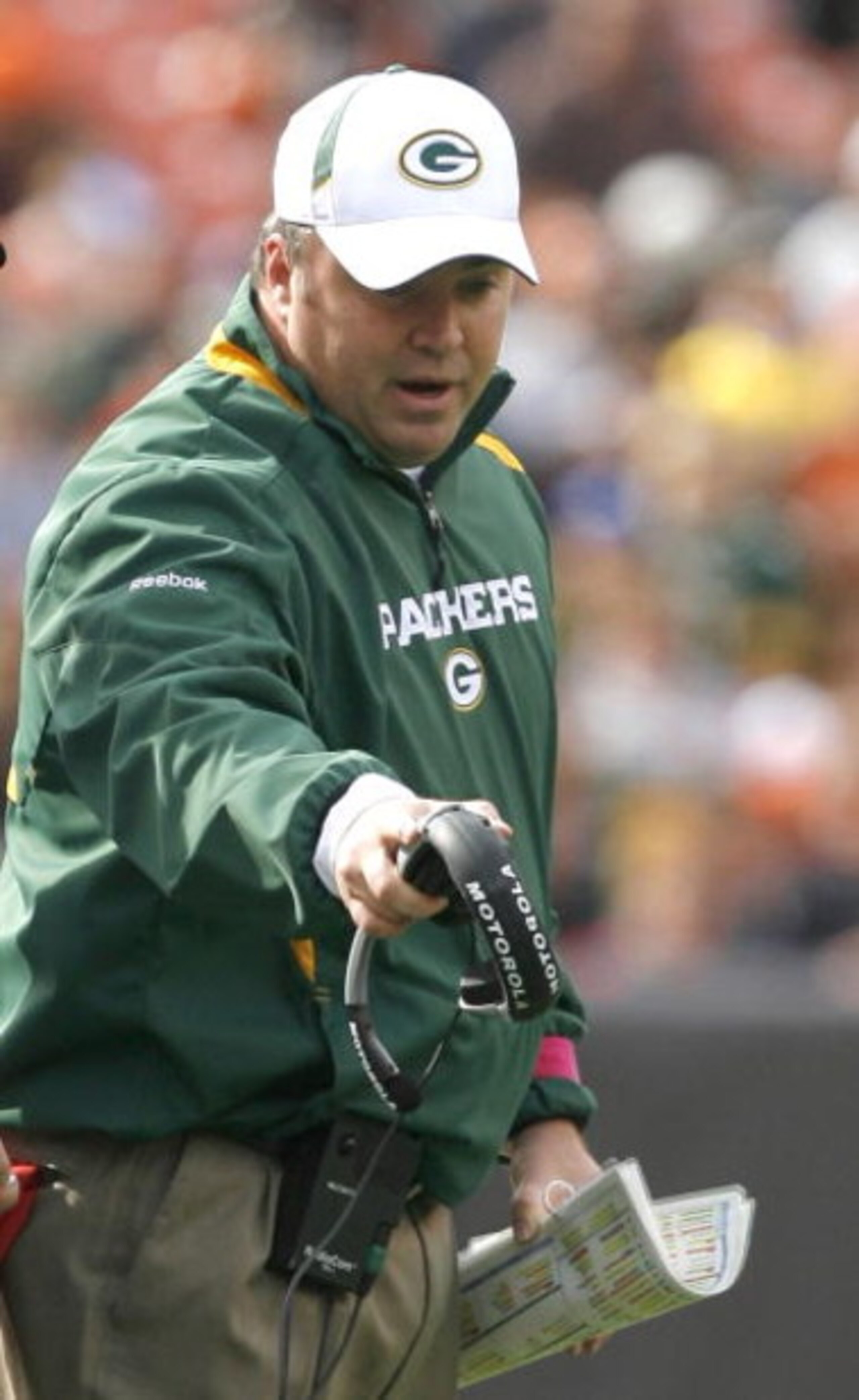 CLEVELAND, OH - OCTOBER 25:  Mike McCarthy head coach of the Green Bay Packers argues a call against the Cleveland Browns at Cleveland Browns Stadium on October 25, 2009 in Cleveland, Ohio.  (Photo by Matt Sullivan/Getty Images)
