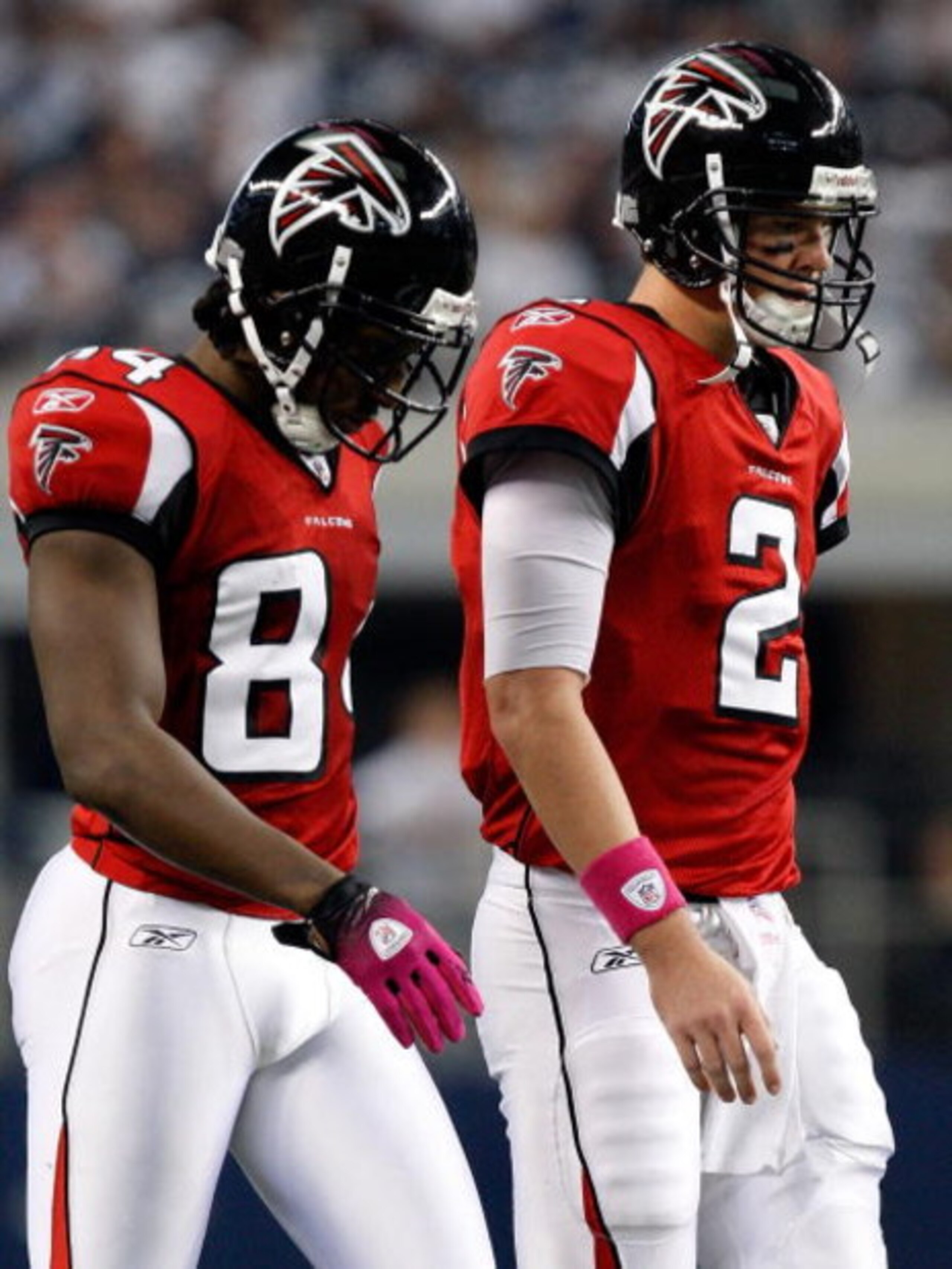 ARLINGTON, TX - OCTOBER 25:  Quarterback Matt Ryan #2 and Roddy White #84 of the Atlanta Falcons walk off the field during a game with the Dallas Cowboys at Cowboys Stadium on October 25, 2009 in Arlington, Texas.  (Photo by Ronald Martinez/Getty Images)