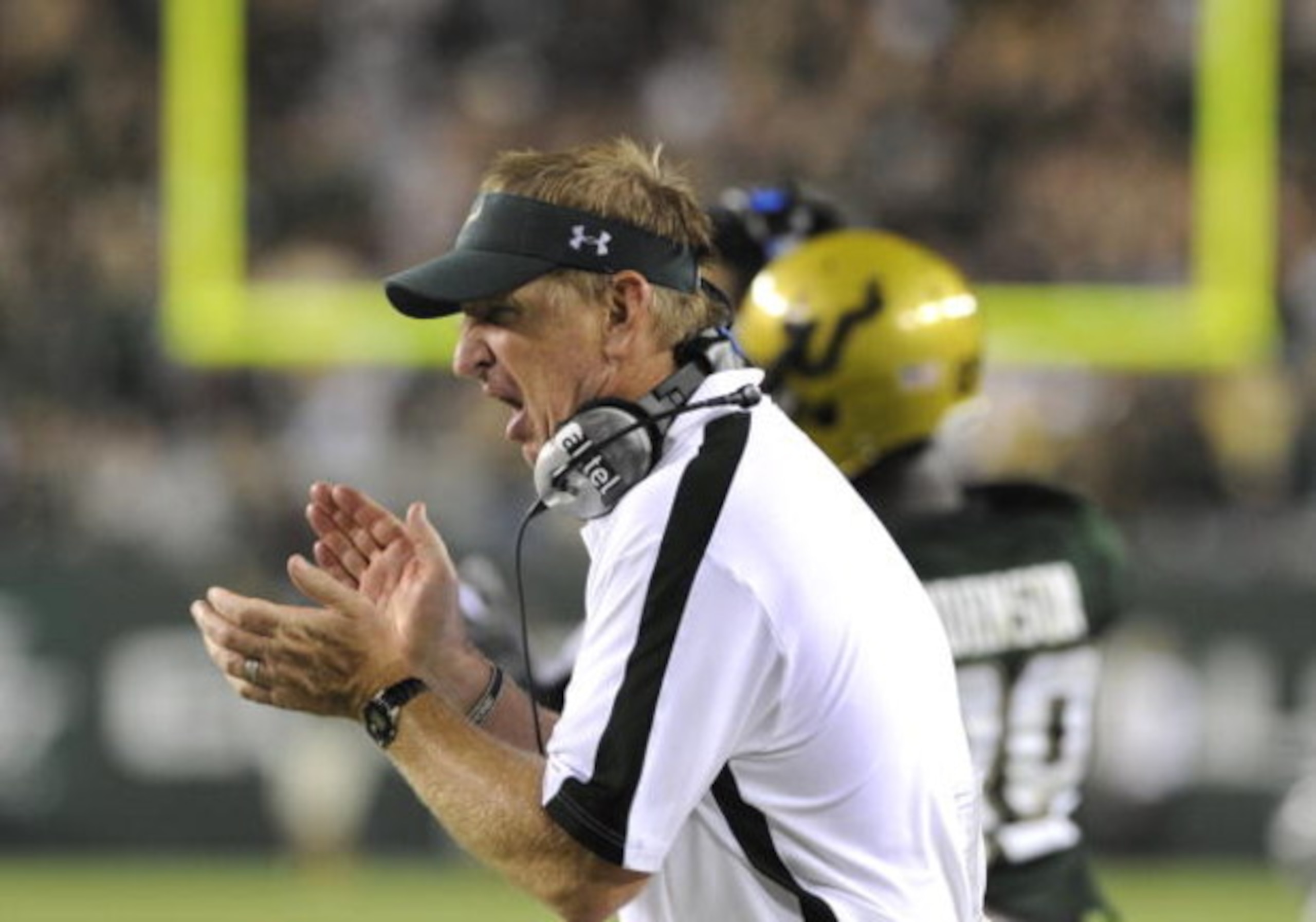 TAMPA, FL - SEPTEMBER 12: Coach Jim Leavitt of the University of South Florida Bulls directs play against the Kansas University Jayhawks at Raymond James Stadium on September 12, 2008 in Tampa, Florida.  (Photo by Al Messerschmidt/Getty Images) 