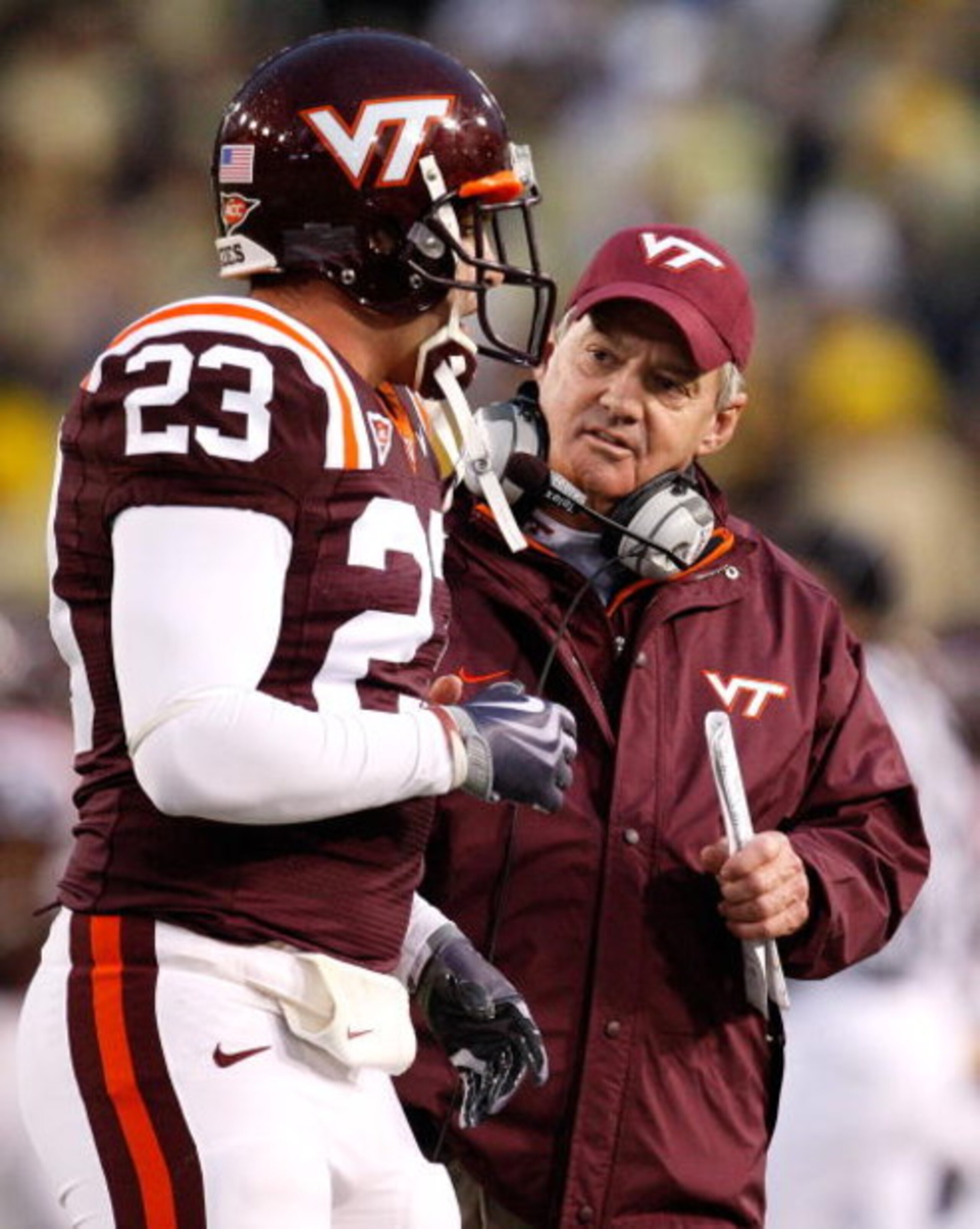 ATLANTA - OCTOBER 17:  Head coach Frank Beamer of the Virginia Tech Hokies talks to Matt Reidy #23 against the Georgia Tech Yellow Jackets at Bobby Dodd Stadium on October 17, 2009 in Atlanta, Georgia.  (Photo by Kevin C. Cox/Getty Images)