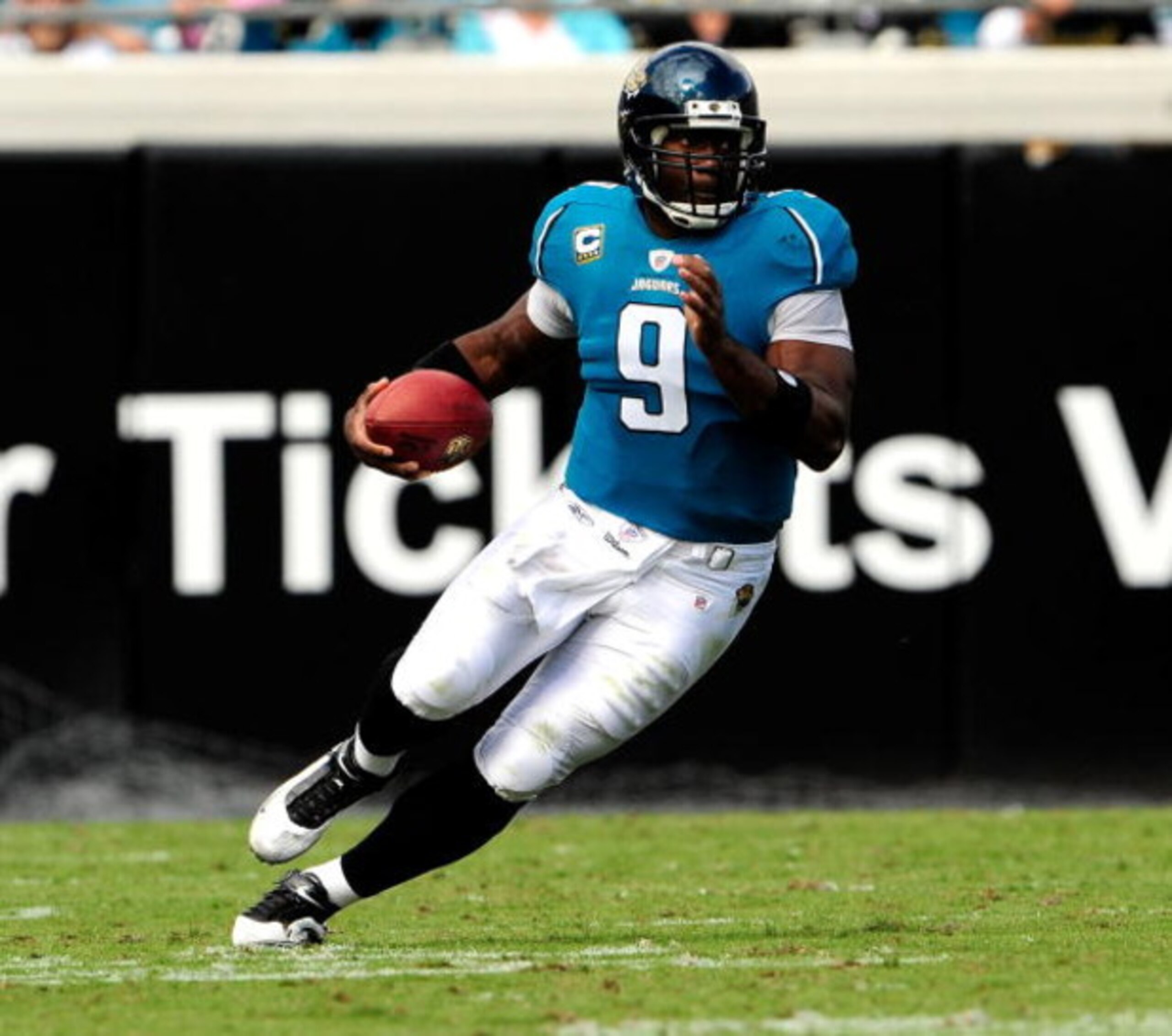 JACKSONVILLE, FL - OCTOBER 18:  David Garrard #9 of the Jacksonville Jaguars runs during the game against the St. Louis Rams at Jacksonville Municipal Stadium on October 18, 2009 in Jacksonville, Florida.  (Photo by Sam Greenwood/Getty Images)