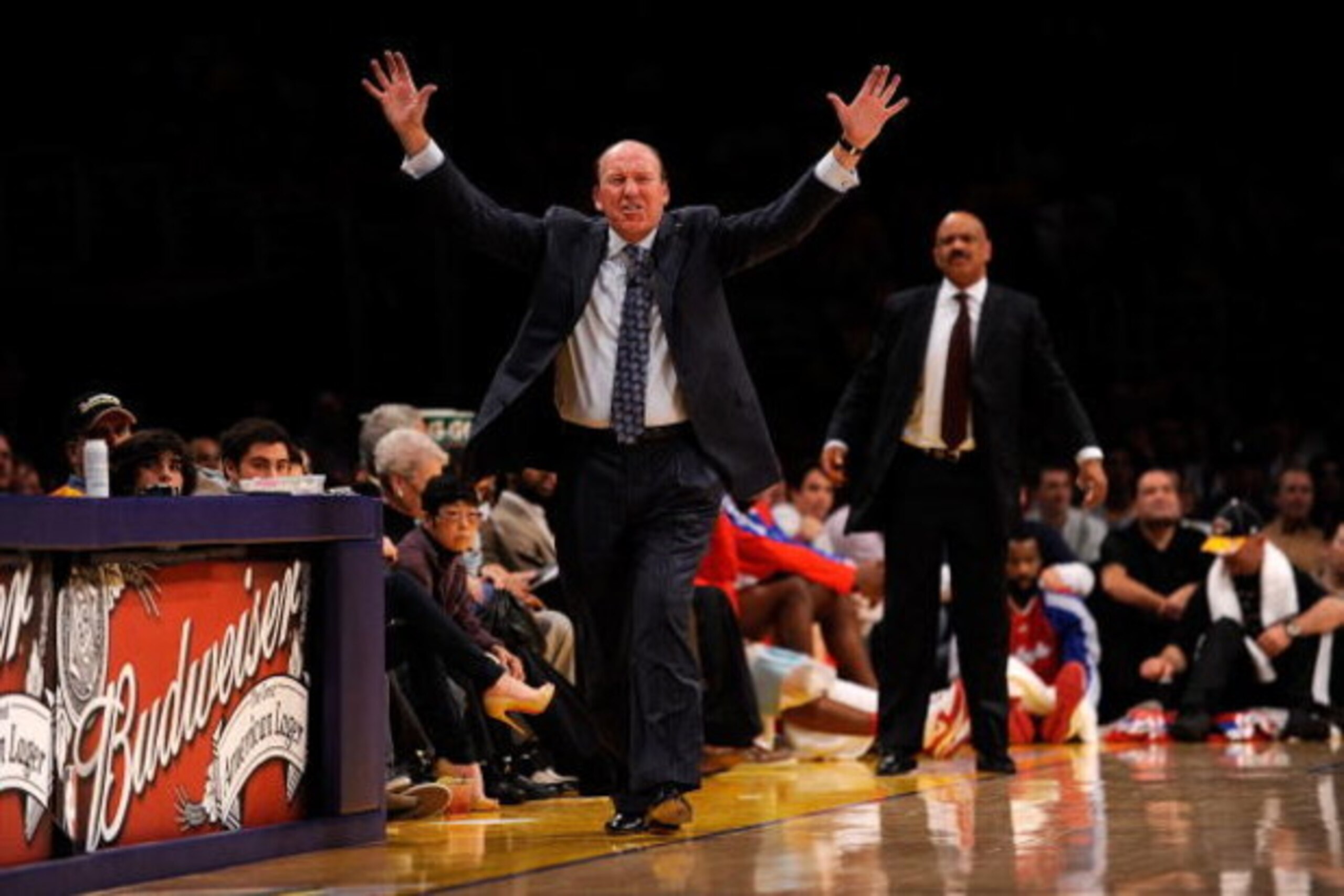 LOS ANGELES, CA - OCTOBER 27:  (L-R) Head coach Mike Dunleavy and assistant coach John Lucas of the Los Angeles Clippers react during the season opening game against the Los Angeles Lakers at Staples Center on October 27, 2009 in Los Angeles, California. 