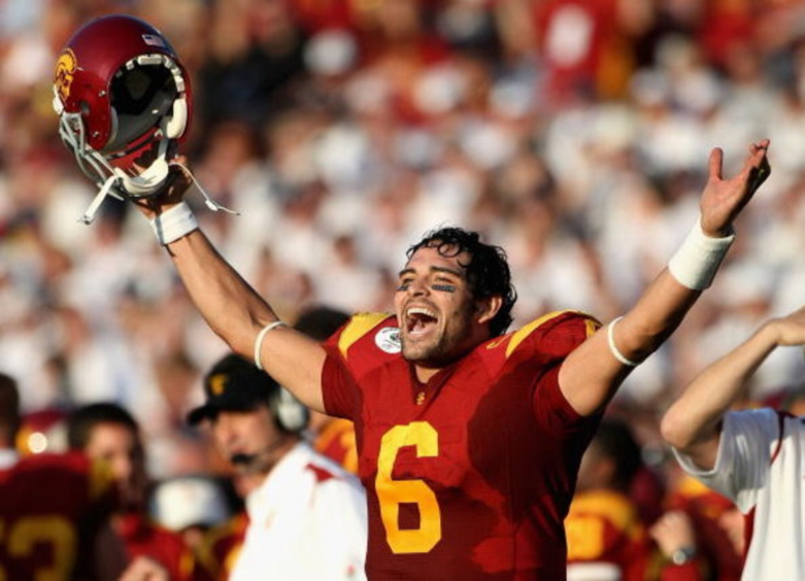 PASADENA, CA - JANUARY 01:  Quarterback Mark Sanchez #6 of the USC Trojans celebrates after scoring a touchdown during the 95th Rose Bowl Game presented by Citi against the Penn State Nittany Lions at the Rose Bowl on January 1, 2009 in Pasadena, Californ