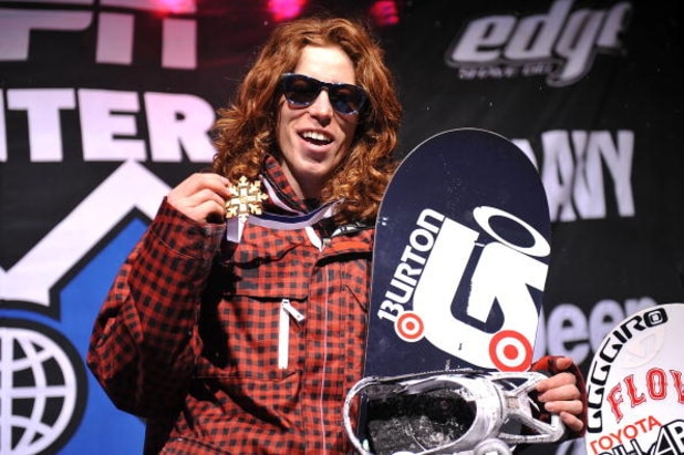 ASPEN, CO - JANUARY 25: Shaun White of Carlsbad, California celebrates as he takes the podium for the gold medal in the Men's Snowboard Superpipe Final at Winter X Games 13 on Buttermilk Mountain on January 25, 2009 in Aspen, Colorado. White became the fi