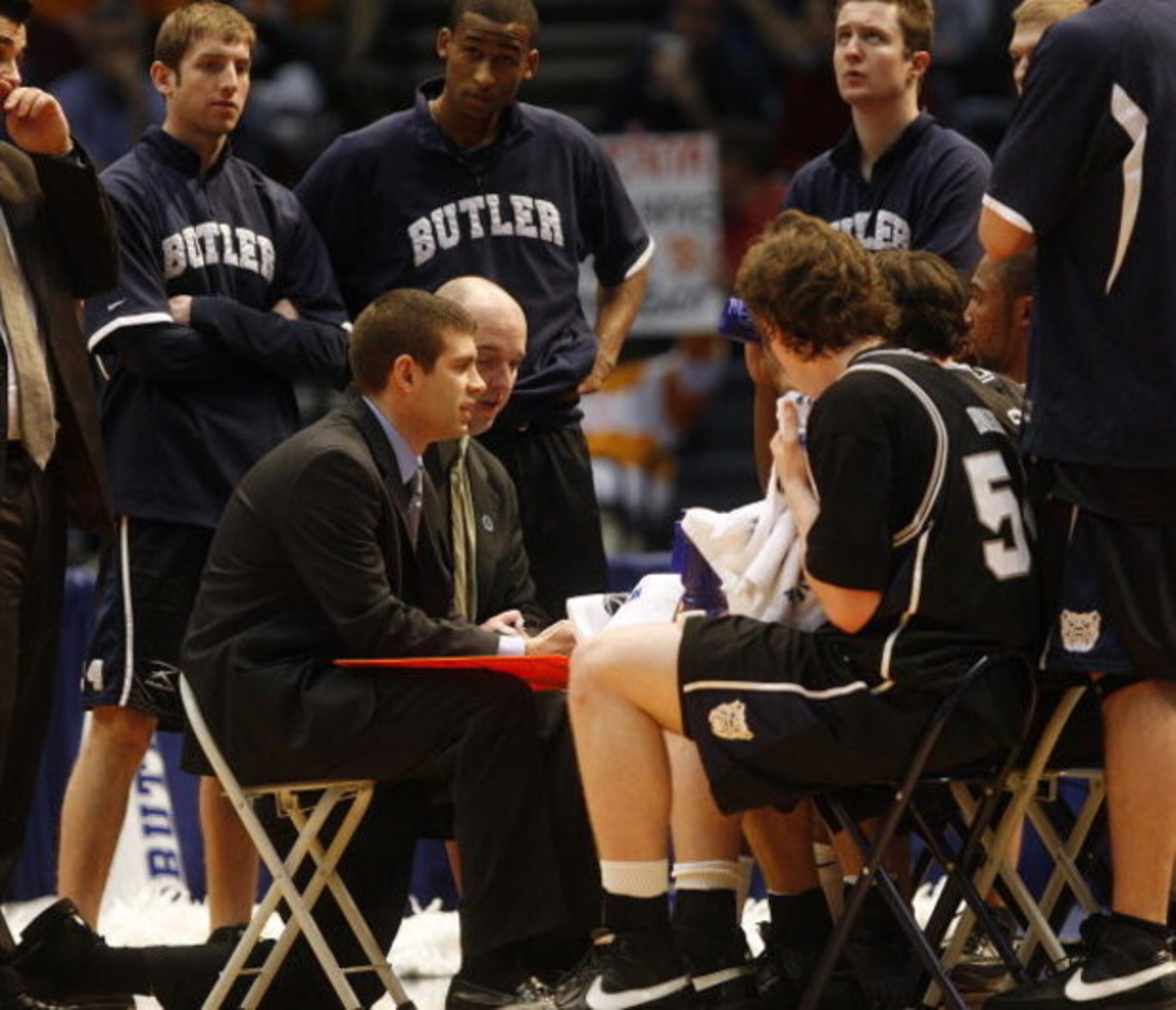 BIRMINGHAM, AL - MARCH 23:  Coach Brad Stevens of the Butler Bulldogs talks with his team during a game against the Tennessee Volunteers during the second round of the East Regional as part of the 2008 NCAA Men's Basketball Tournament at the Birmingham-Je